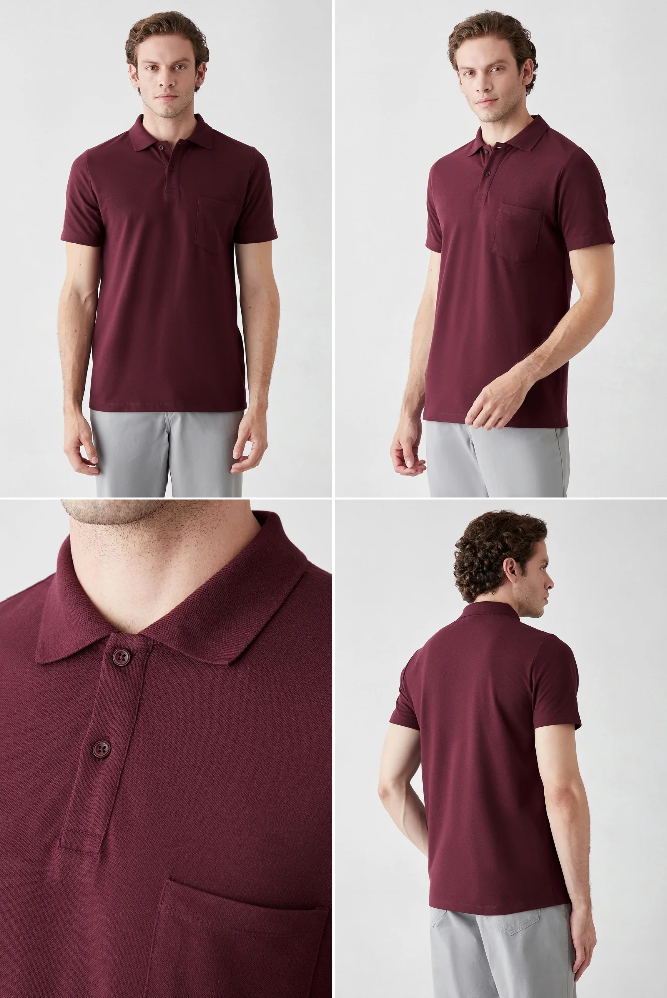 Gri - Bordo Düğmeli Polo Yaka Cepli Regular Fit Pamuklu Düz 2'li Paket Tişört Seti - Image 2