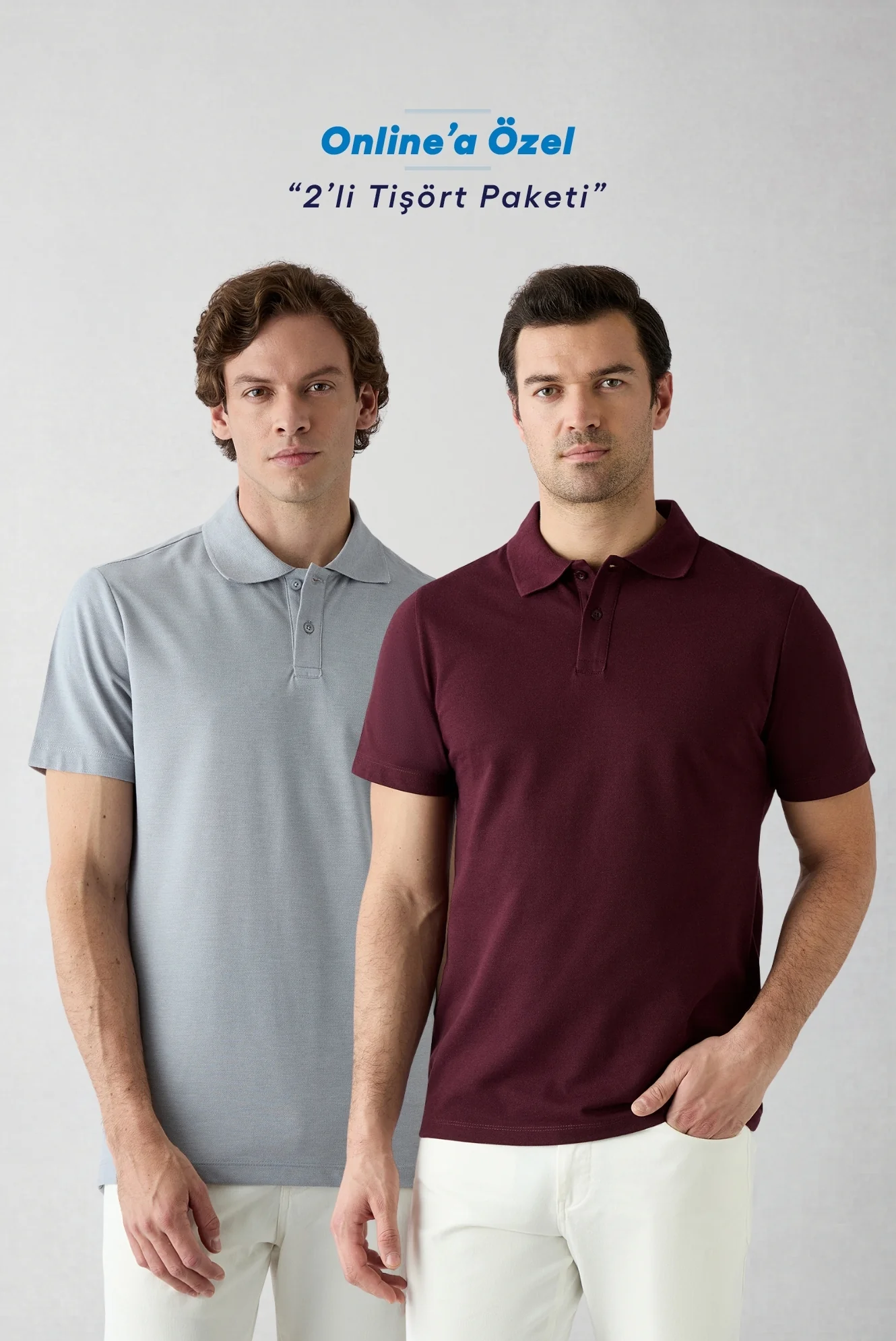 Gri - Bordo Düğmeli Polo Yaka Regular Fit Pamuklu Düz 2'li Paket Tişört Seti