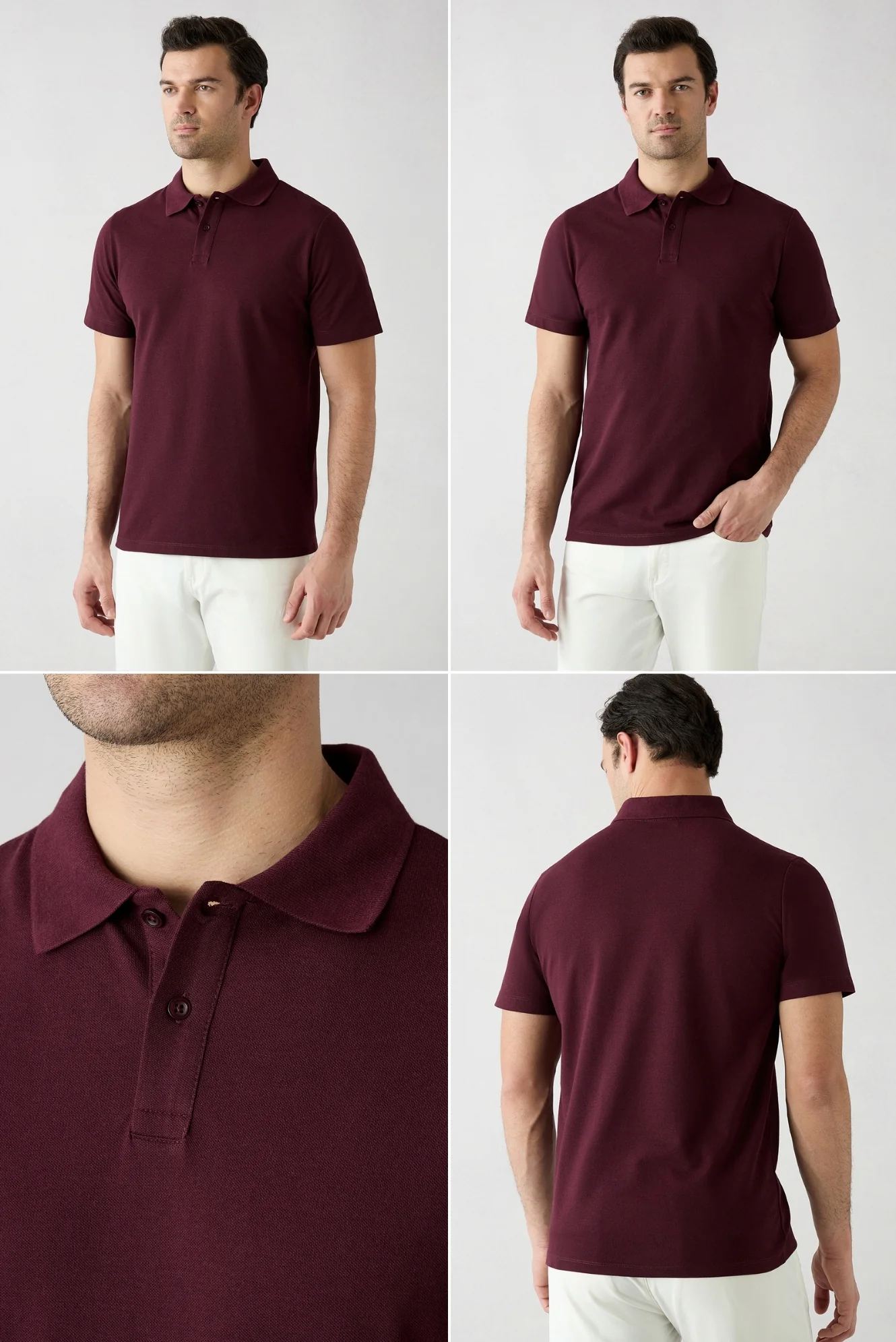 Gri - Bordo Düğmeli Polo Yaka Regular Fit Pamuklu Düz 2'li Paket Tişört Seti - Image 2