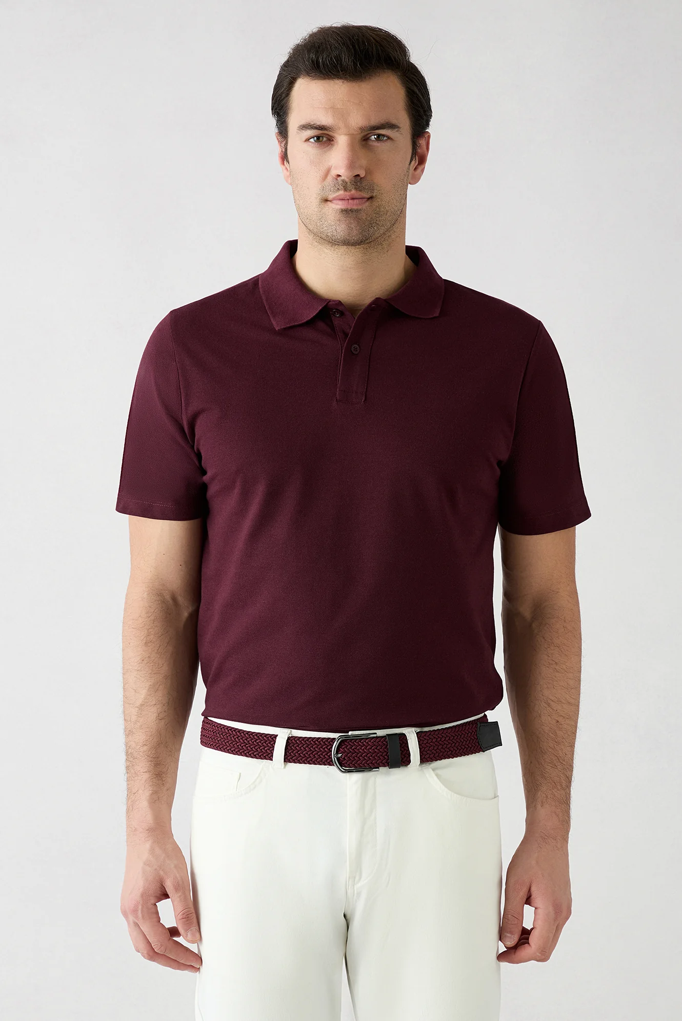Gri - Bordo Düğmeli Polo Yaka Regular Fit Pamuklu Düz 2'li Paket Tişört Seti - Image 4