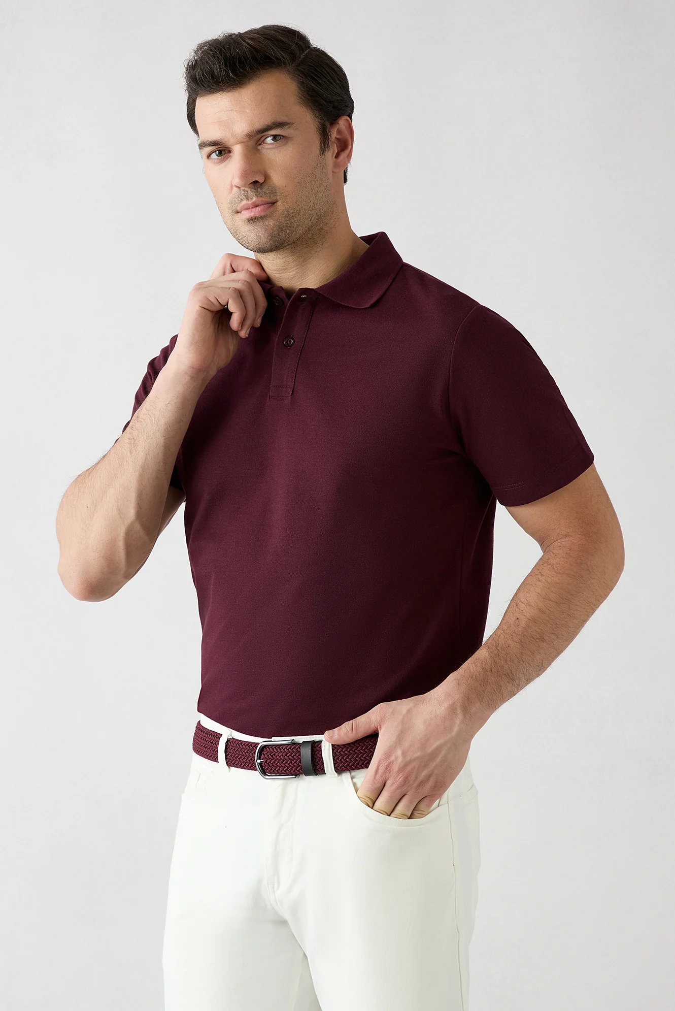 Gri - Bordo Düğmeli Polo Yaka Regular Fit Pamuklu Düz 2'li Paket Tişört Seti - Image 5
