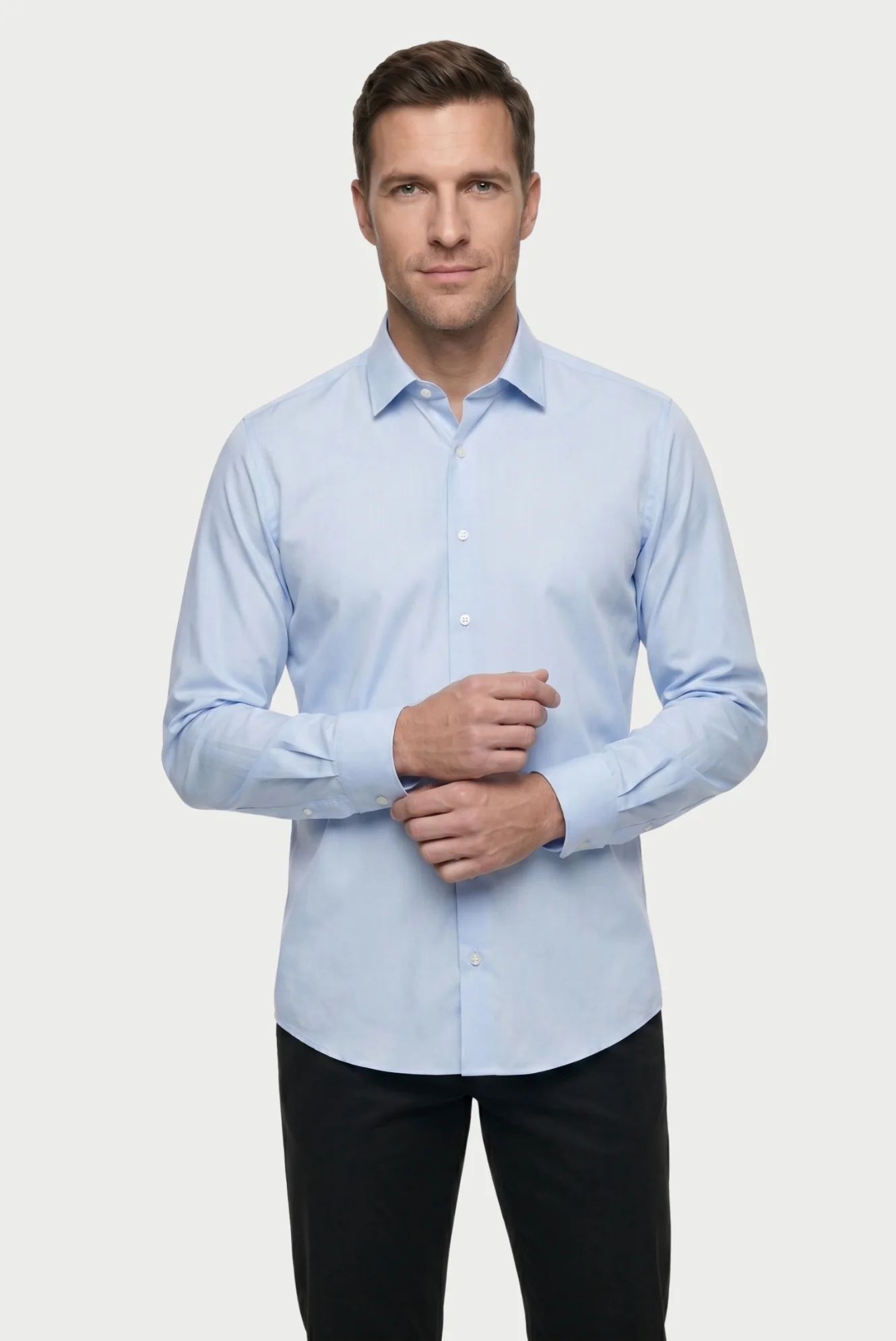 Mavi-Beyaz Uzun Kol Regular Fit Düz Pamuklu Non Iron 2'li Gömlek Seti - Image 3
