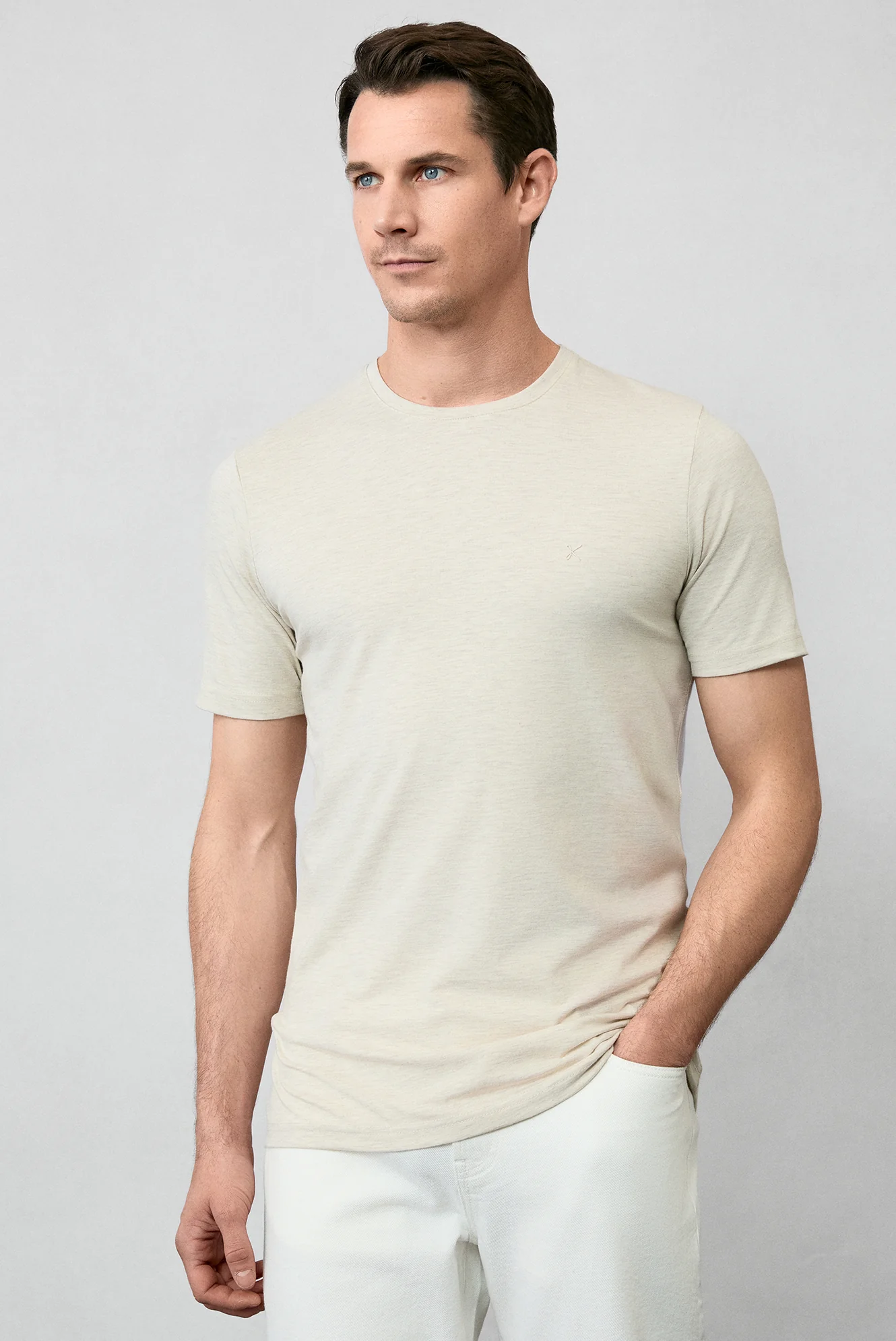 Açık Bej Melanj Bisiklet Yaka Slim Fit Süprem Pamuklu Basic Tişört - Image 2