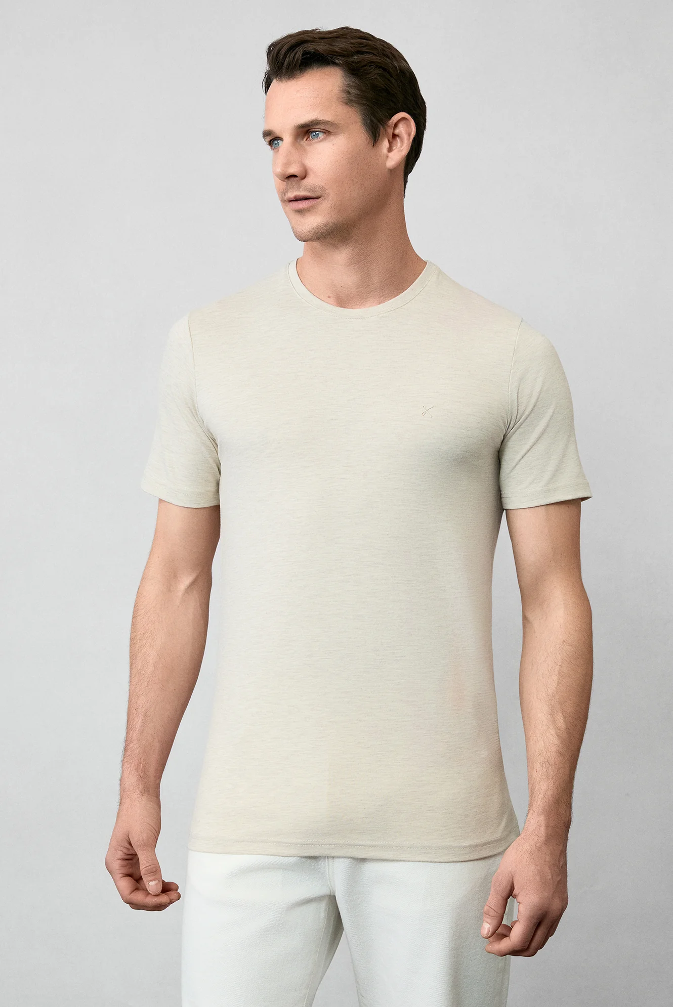 Açık Bej Melanj Bisiklet Yaka Slim Fit Süprem Pamuklu Basic Tişört - Image 5