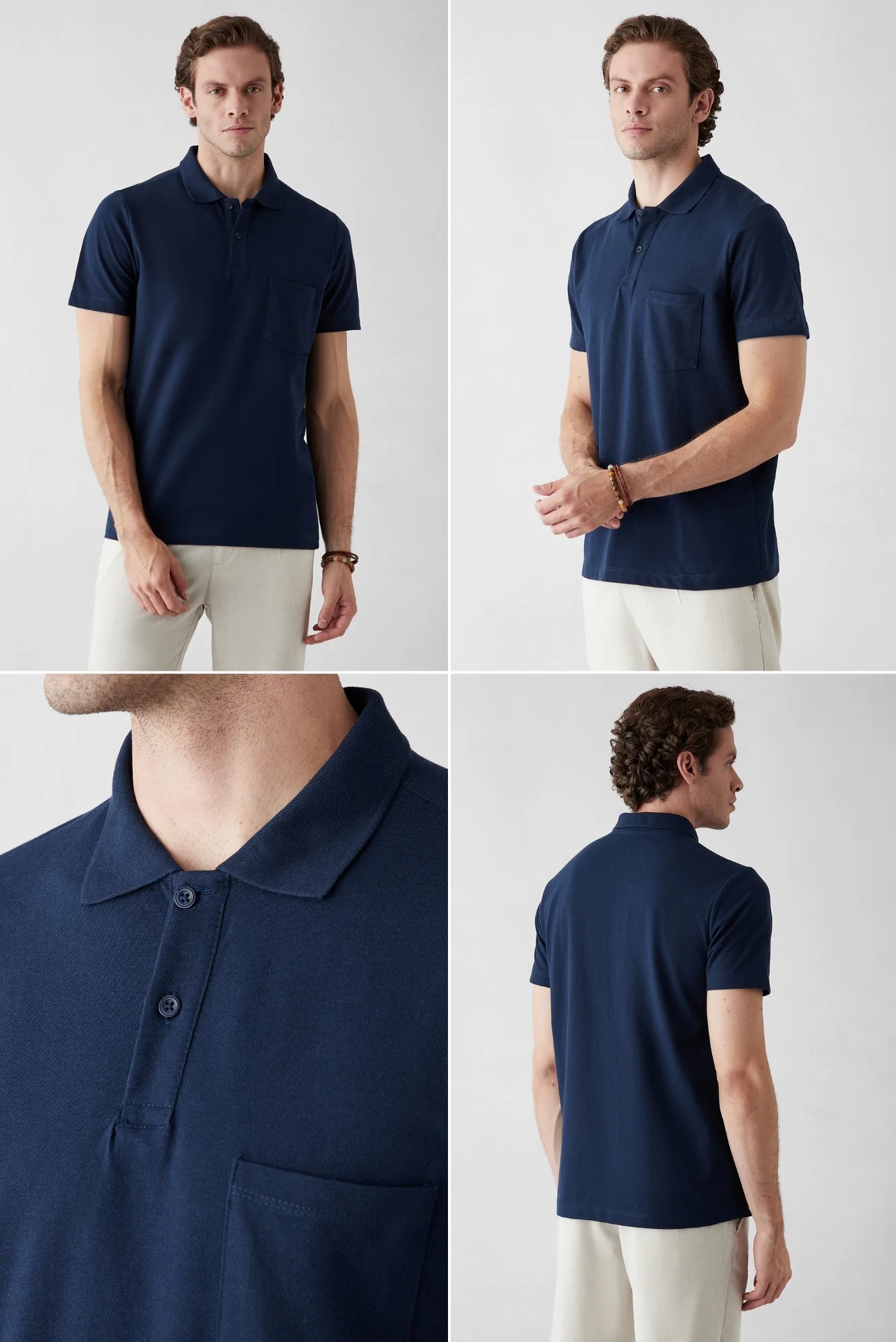 Bej - Lacivert Düğmeli Polo Yaka Cepli Regular Fit Pamuklu Düz 2'li Paket Tişört Seti - Image 2