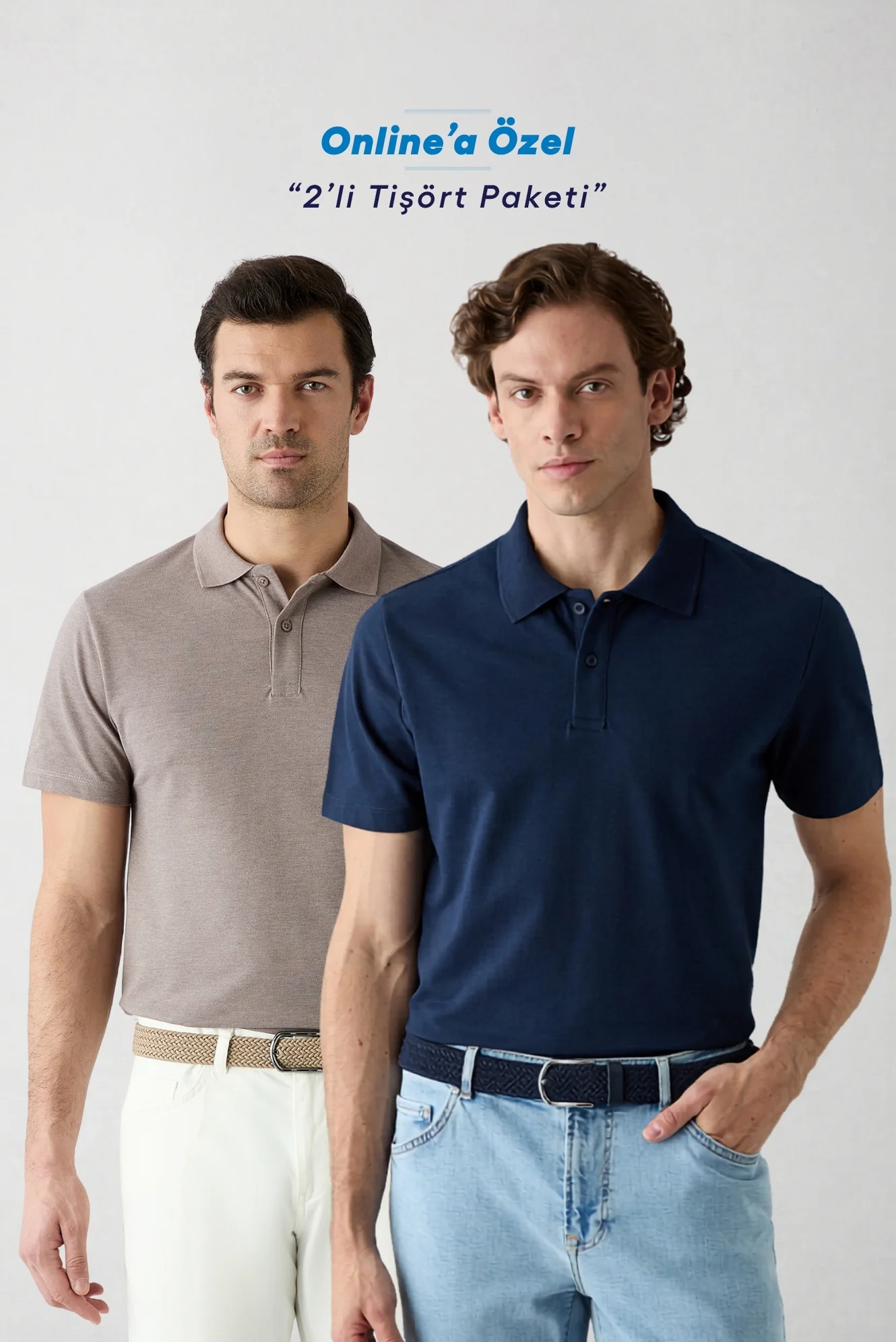 Bej - Lacivert Düğmeli Polo Yaka Regular Fit Pamuklu Düz 2'li Paket Tişört Seti