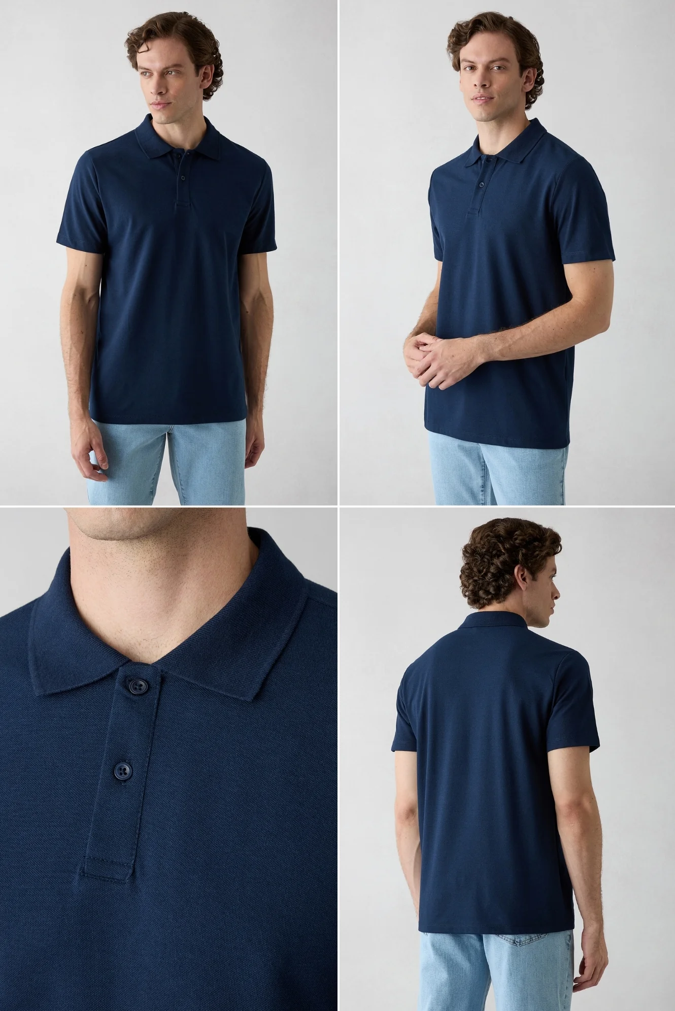 Bej - Lacivert Düğmeli Polo Yaka Regular Fit Pamuklu Düz 2'li Paket Tişört Seti - Image 2