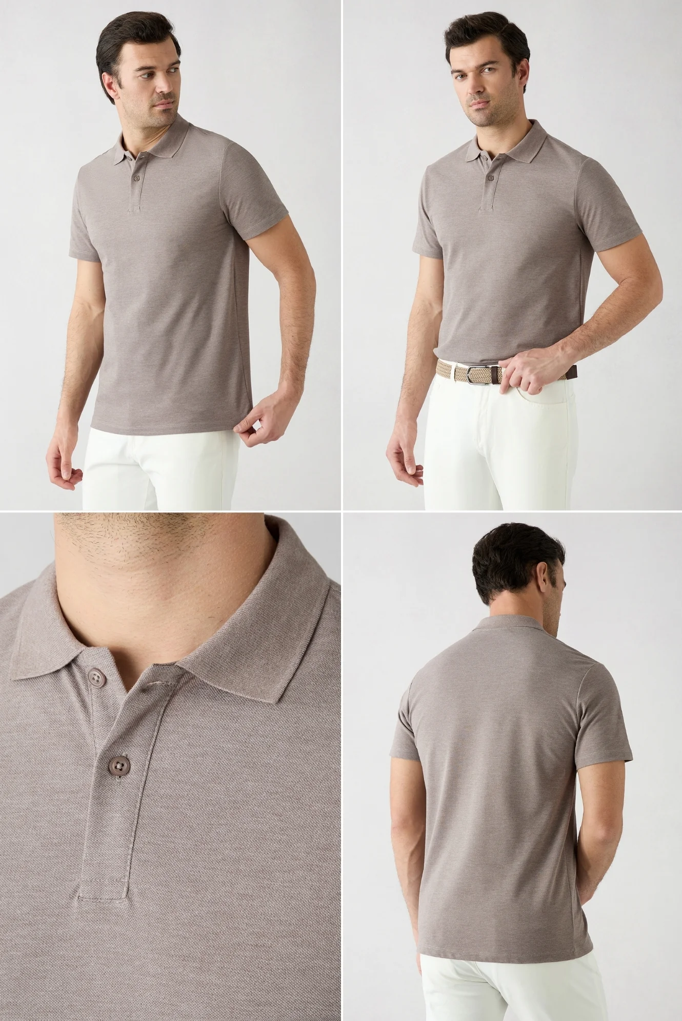 Bej - Lacivert Düğmeli Polo Yaka Regular Fit Pamuklu Düz 2'li Paket Tişört Seti - Image 3