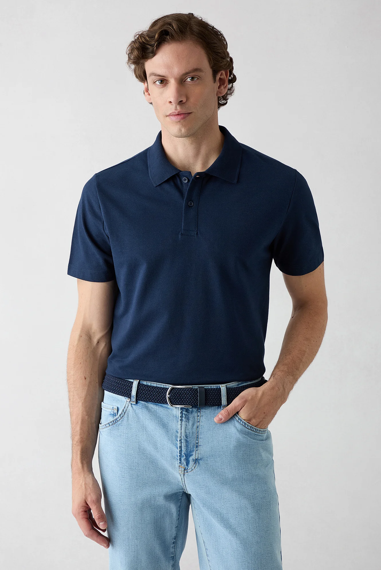 Bej - Lacivert Düğmeli Polo Yaka Regular Fit Pamuklu Düz 2'li Paket Tişört Seti - Image 4