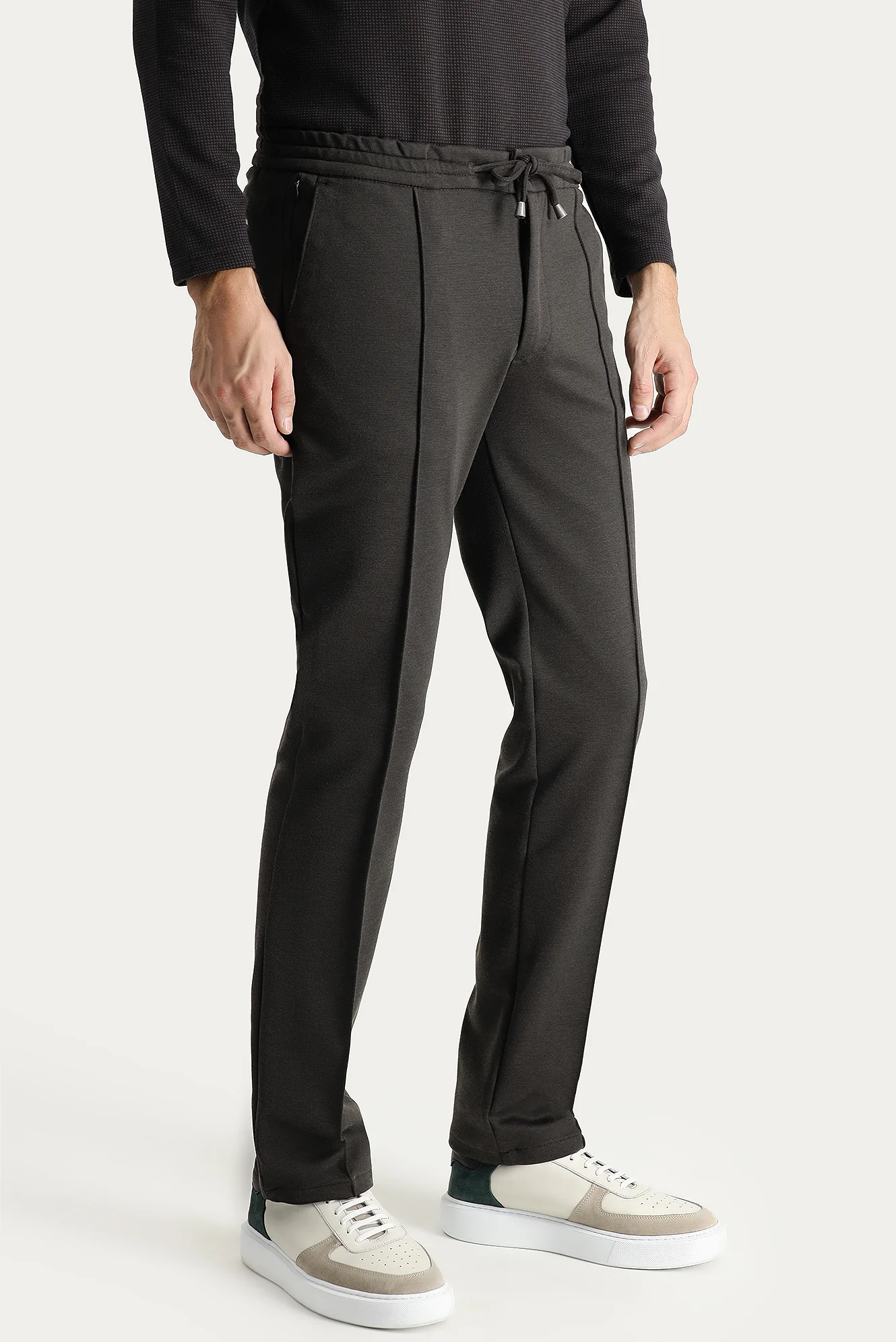 Acı Kahve Regular Fit Standart Kesim Beli Lastikli İpli Likralı Örme Pantolon - Image 3