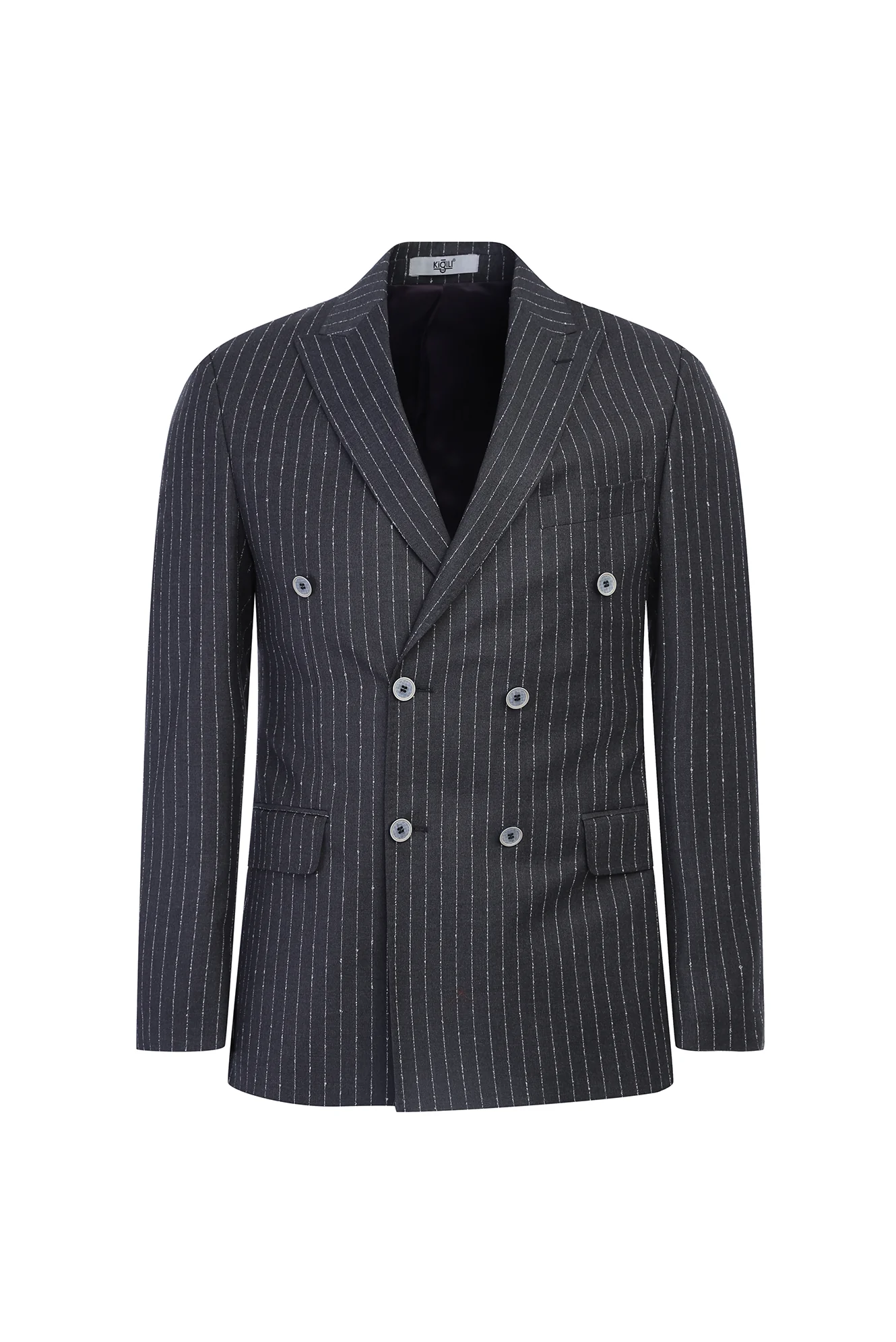 Açık Antrasit 7 Drop Slim Fit Dar Kesim Çizgili Kruvaze Ceket