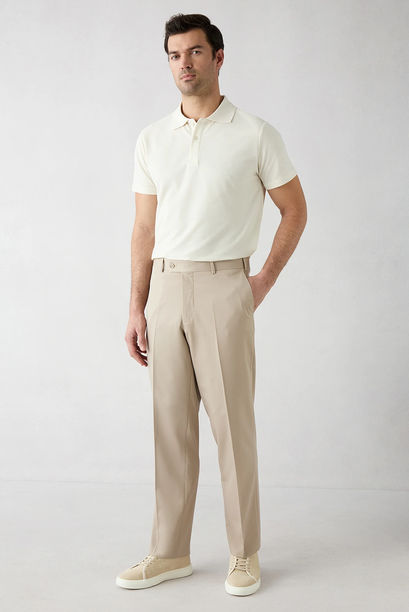 Açık Bej 4 Drop Relaxed Fit Rahat Kesim Klasik Kumaş Pantolon