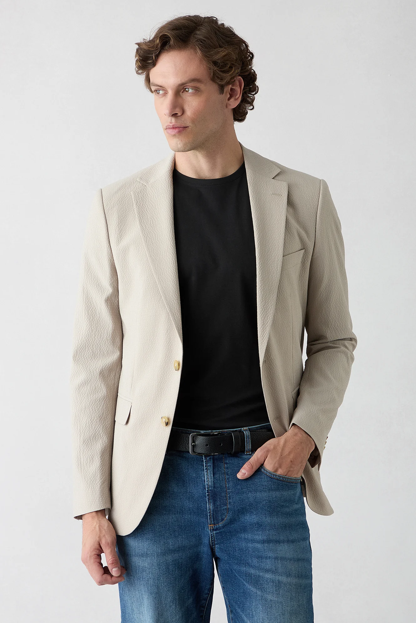 Açık Bej 7 Drop Slim Fit Dar Kesim Mono Yaka Gofreli Çizgili Ceket