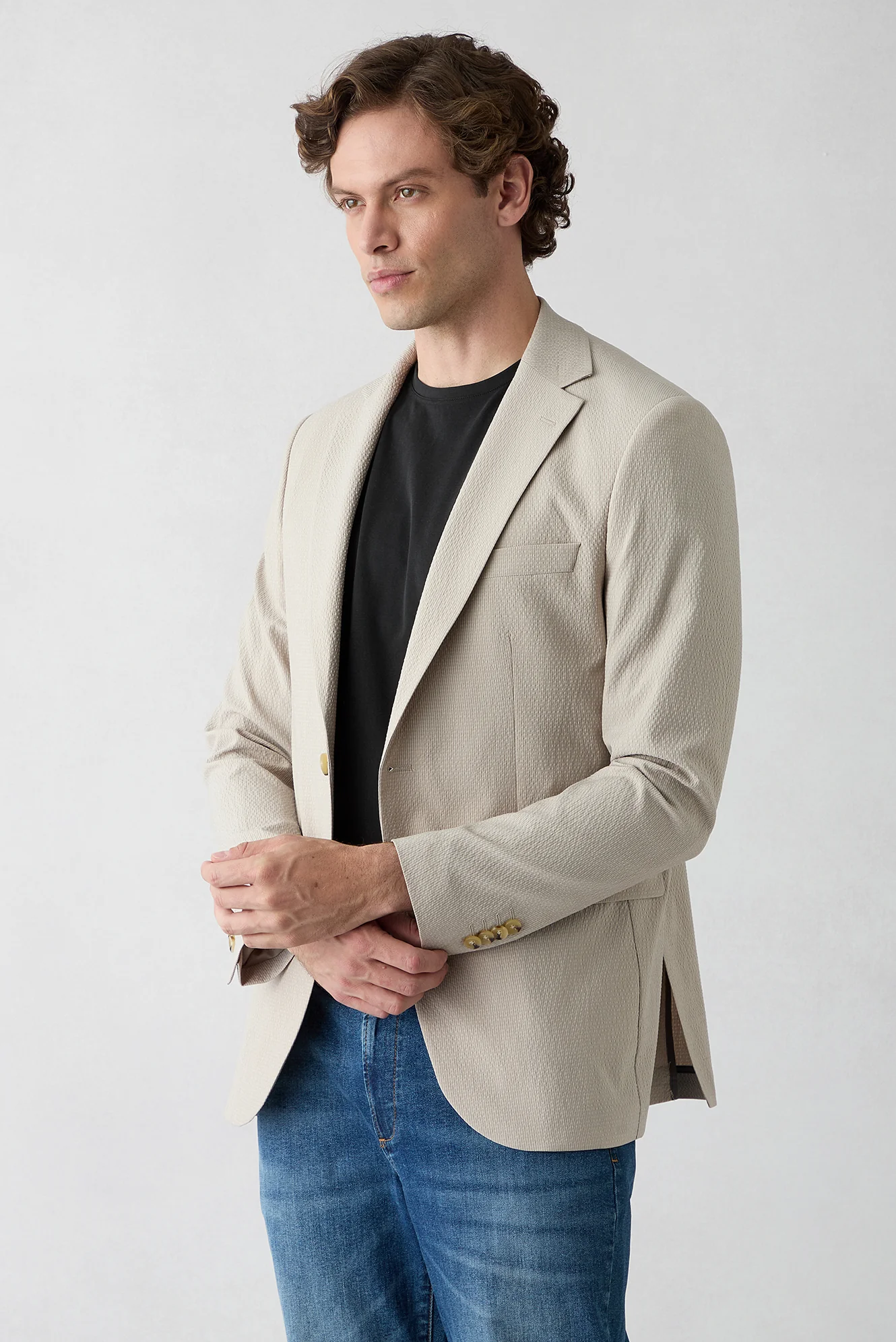 Açık Bej 7 Drop Slim Fit Dar Kesim Mono Yaka Gofreli Çizgili Ceket - Image 2