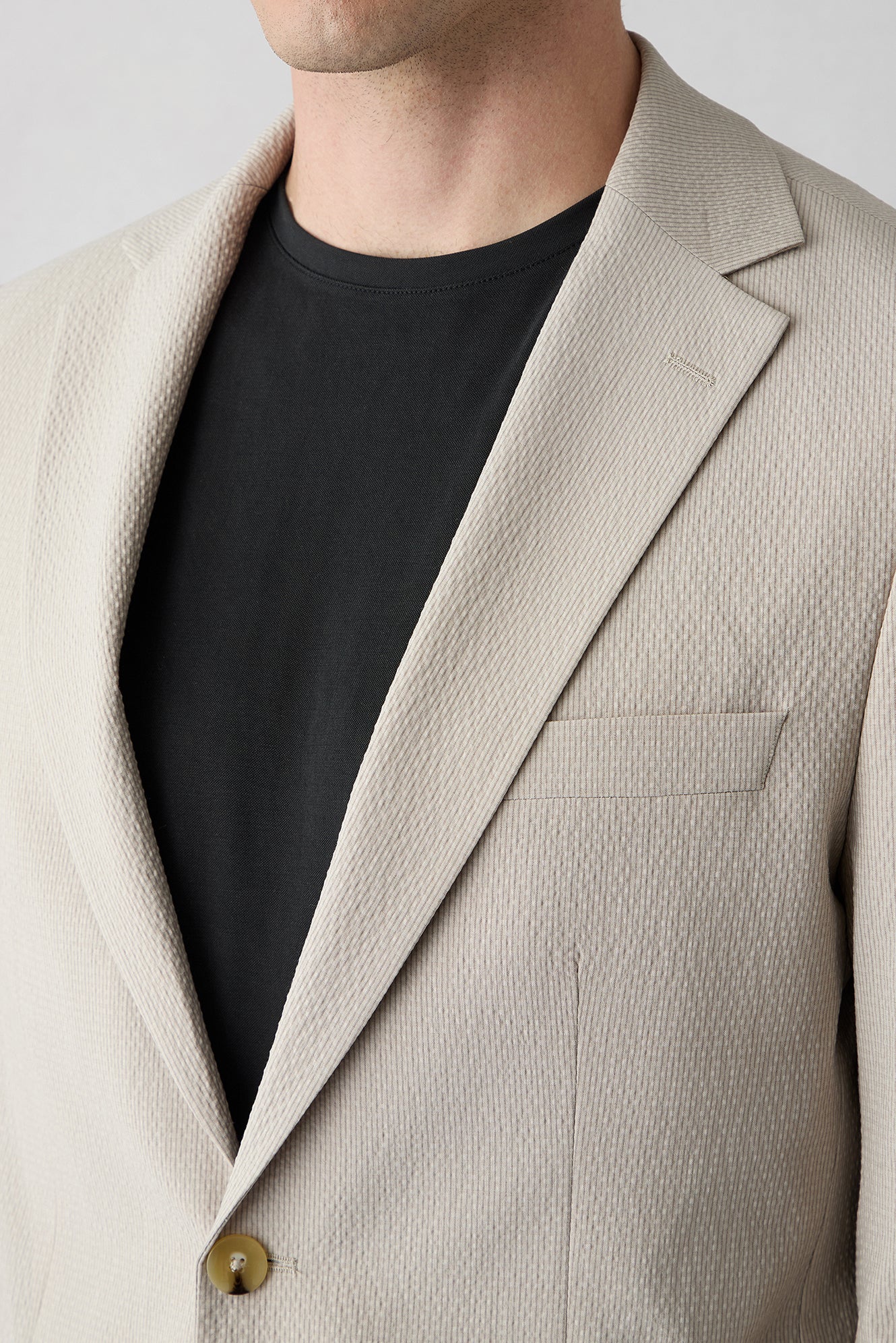Açık Bej 7 Drop Slim Fit Dar Kesim Mono Yaka Gofreli Çizgili Ceket - Image 3