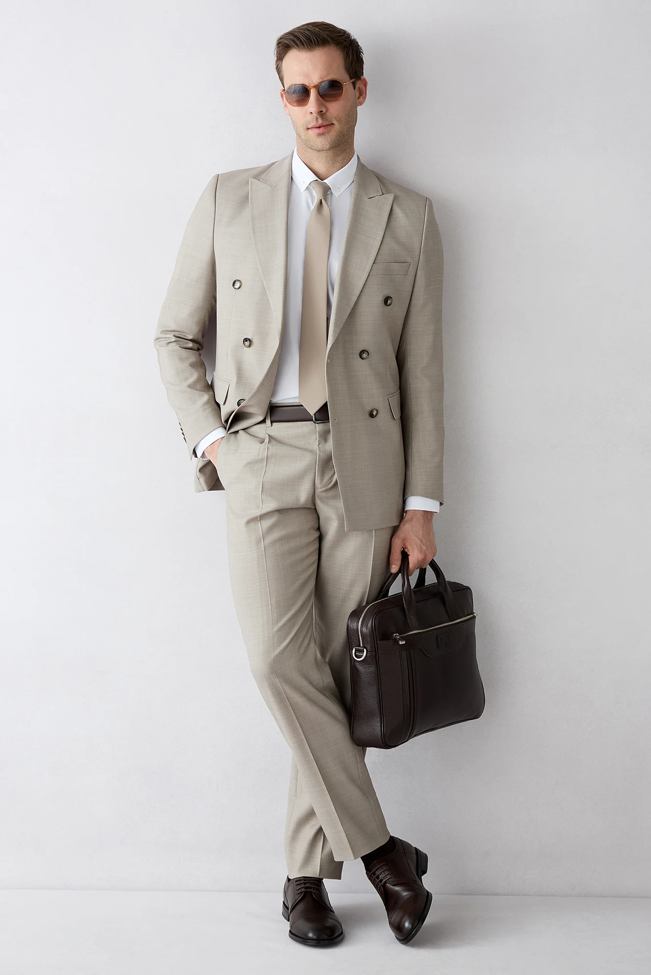 Açık Bej 7 Drop Slim Fit Dar Kesim Sivri Yaka Yünlü Kruvaze Kapama Takım Elbise