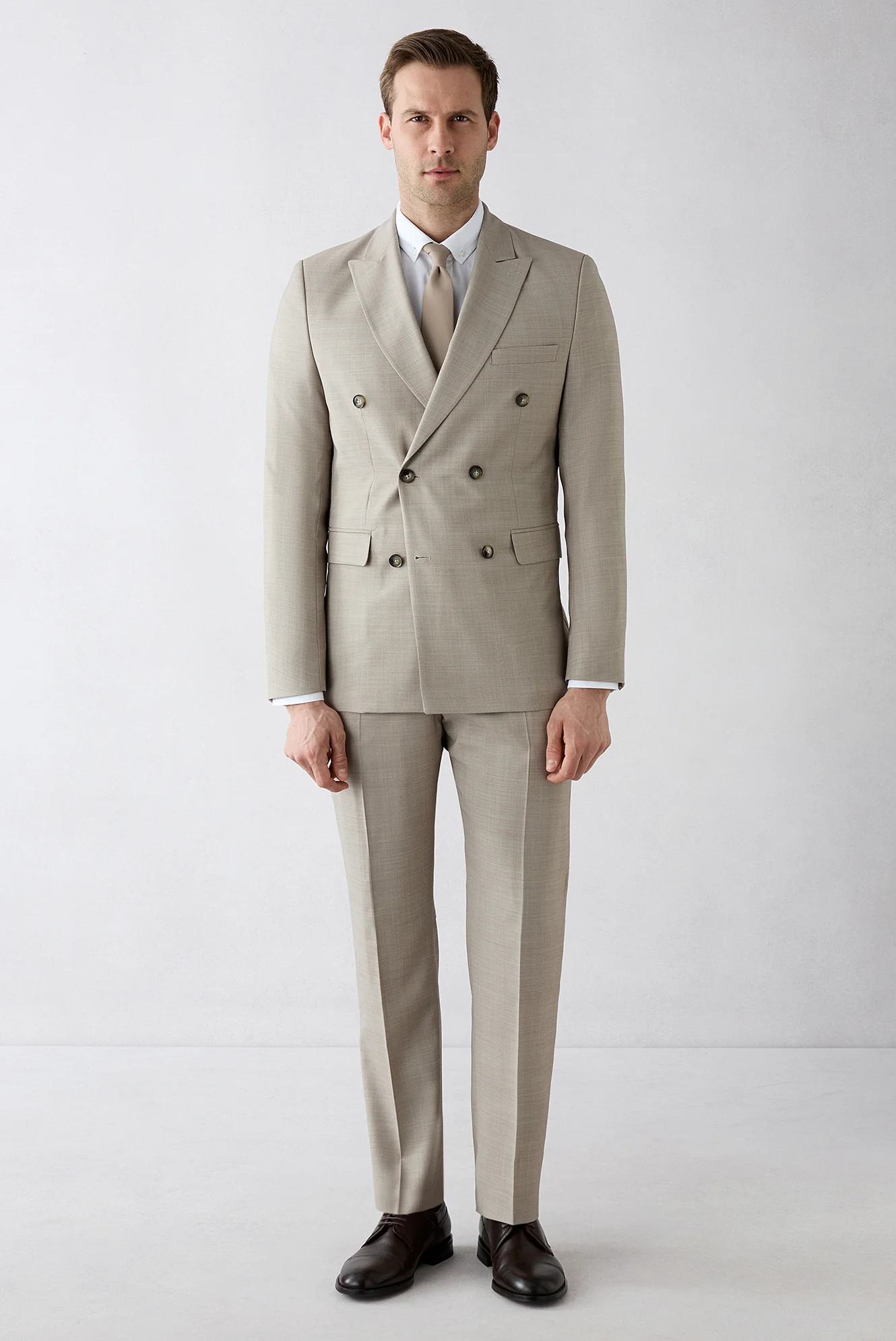 Açık Bej 7 Drop Slim Fit Dar Kesim Sivri Yaka Yünlü Kruvaze Kapama Takım Elbise - Image 2