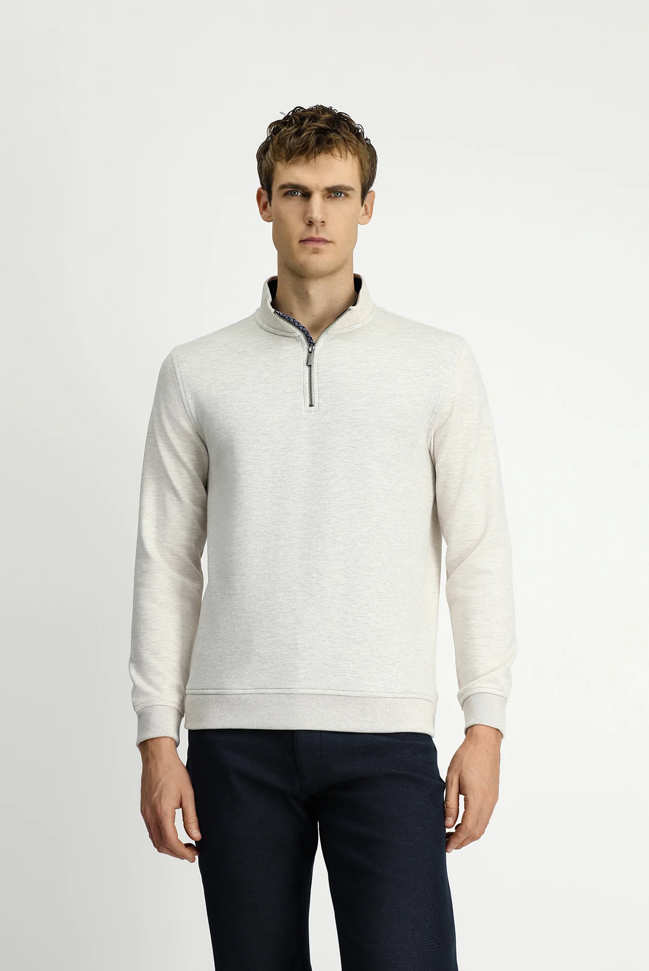 Açık Bej Yarım Balıkçı Yaka Regular Fit Fermuarlı Pamuklu Sweatshirt