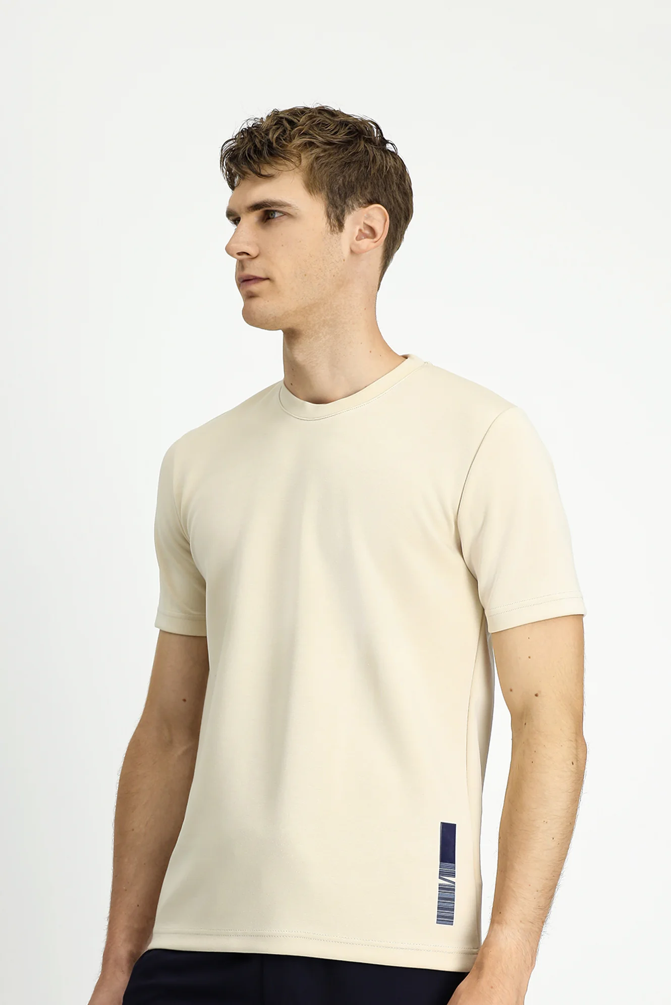 Açık Bej Bisiklet Yaka Regular Fit Baskılı Tişört - Image 3