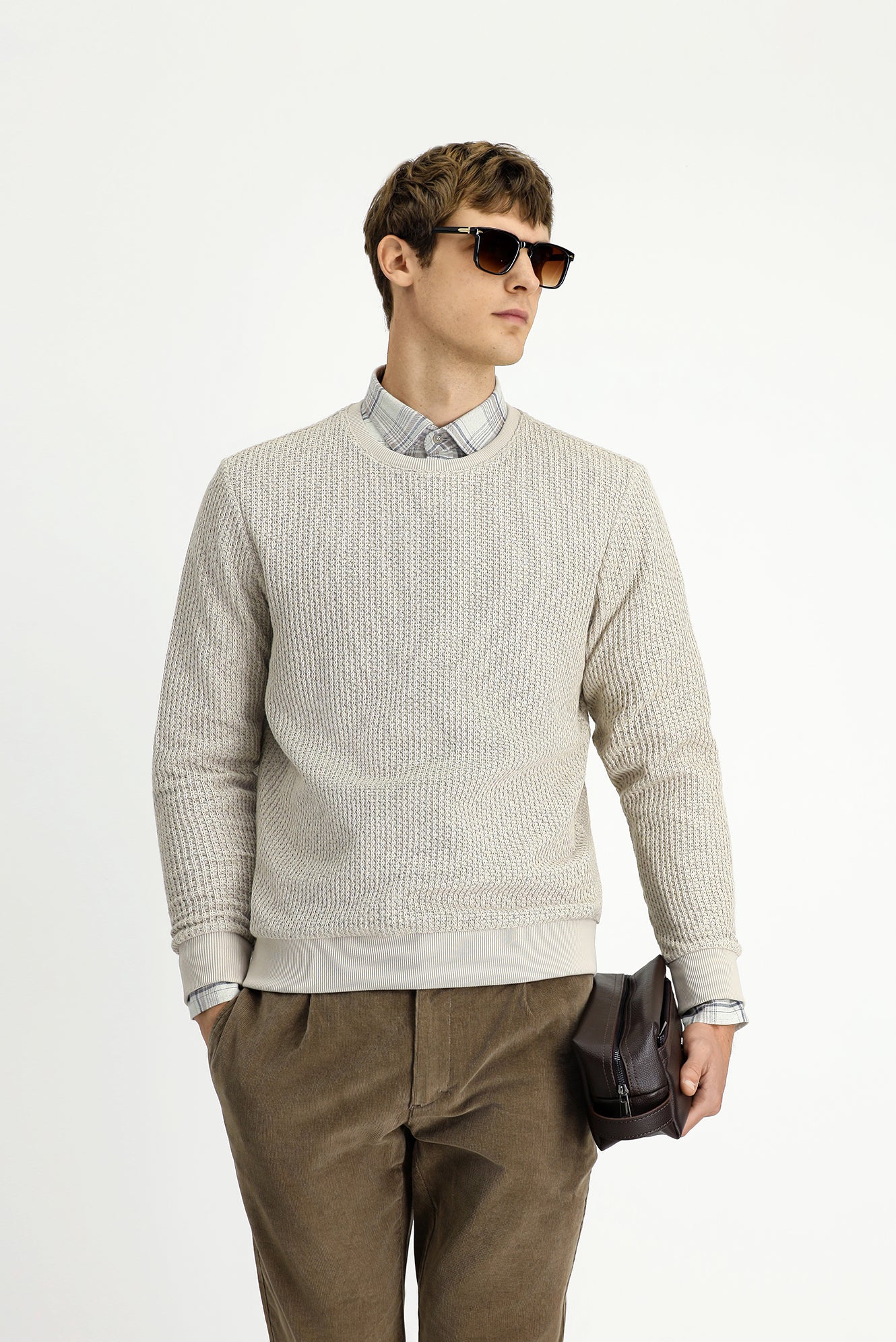 Açık Bej Bisiklet Yaka Regular Fit Desenli Pamuklu Sweatshirt