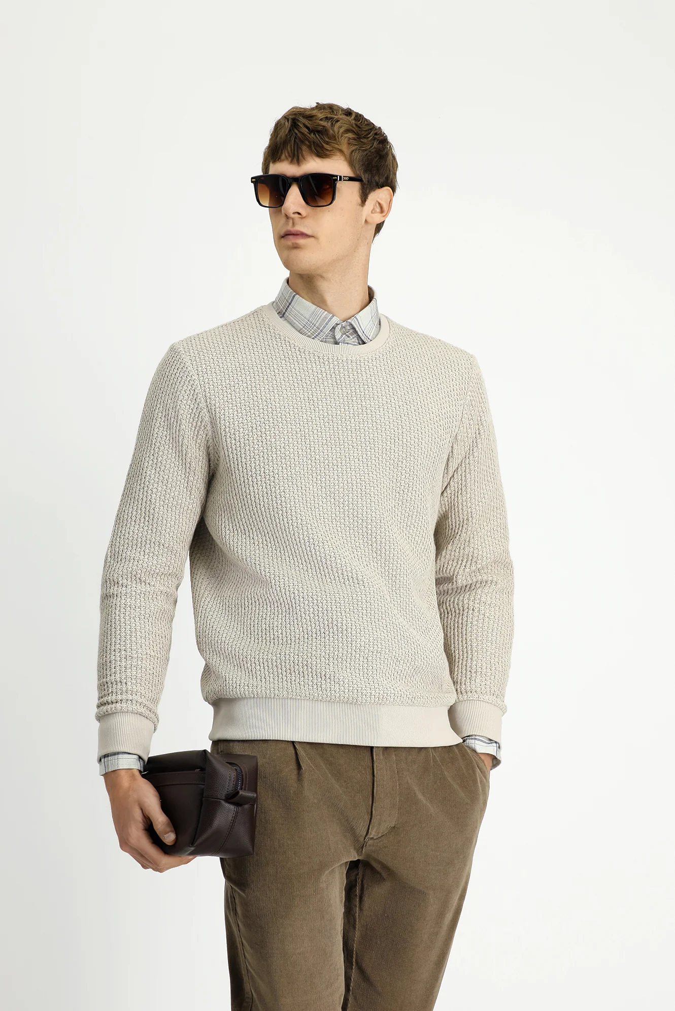 Açık Bej Bisiklet Yaka Regular Fit Desenli Pamuklu Sweatshirt - Image 4