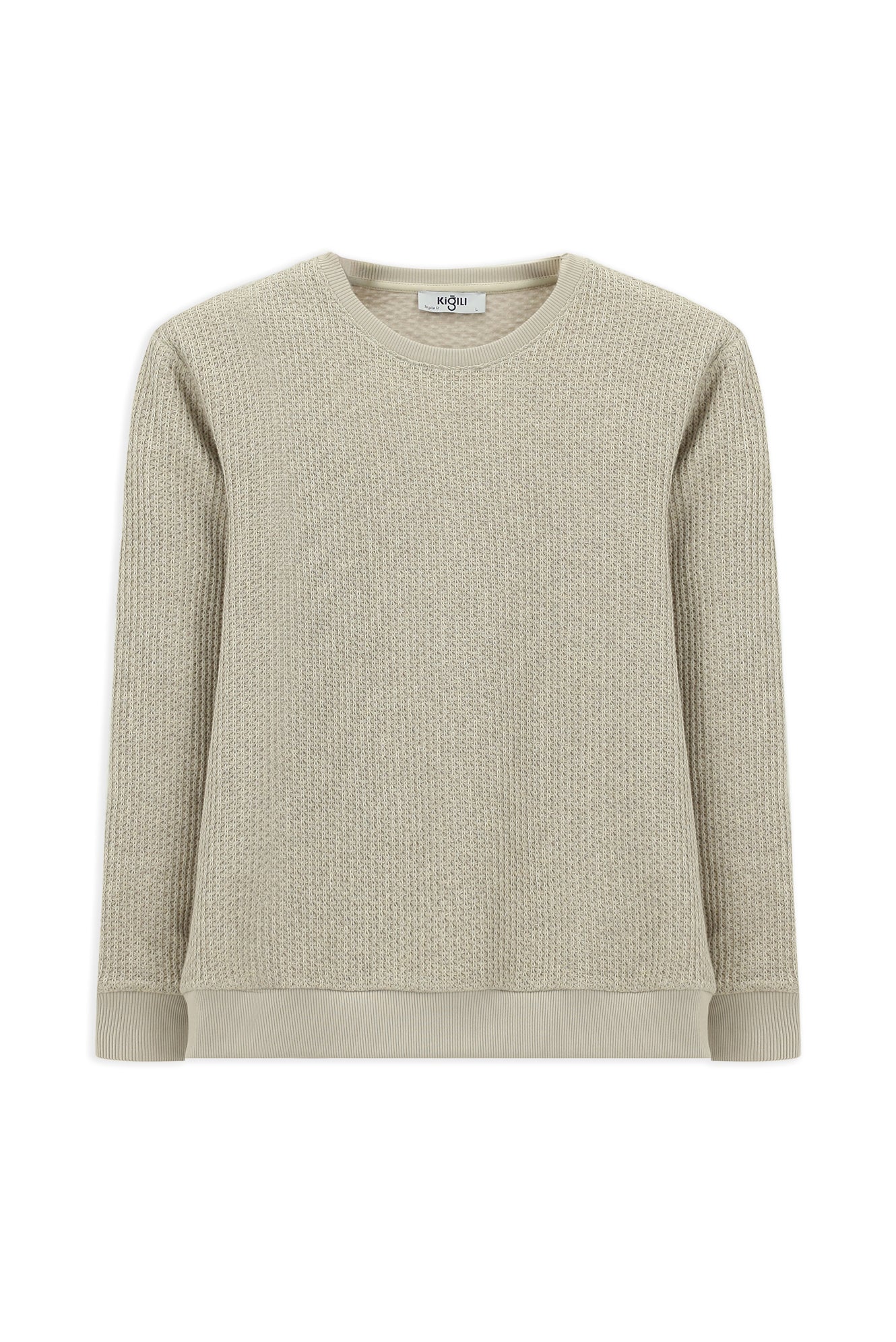 Açık Bej Bisiklet Yaka Regular Fit Desenli Pamuklu Sweatshirt - Image 7