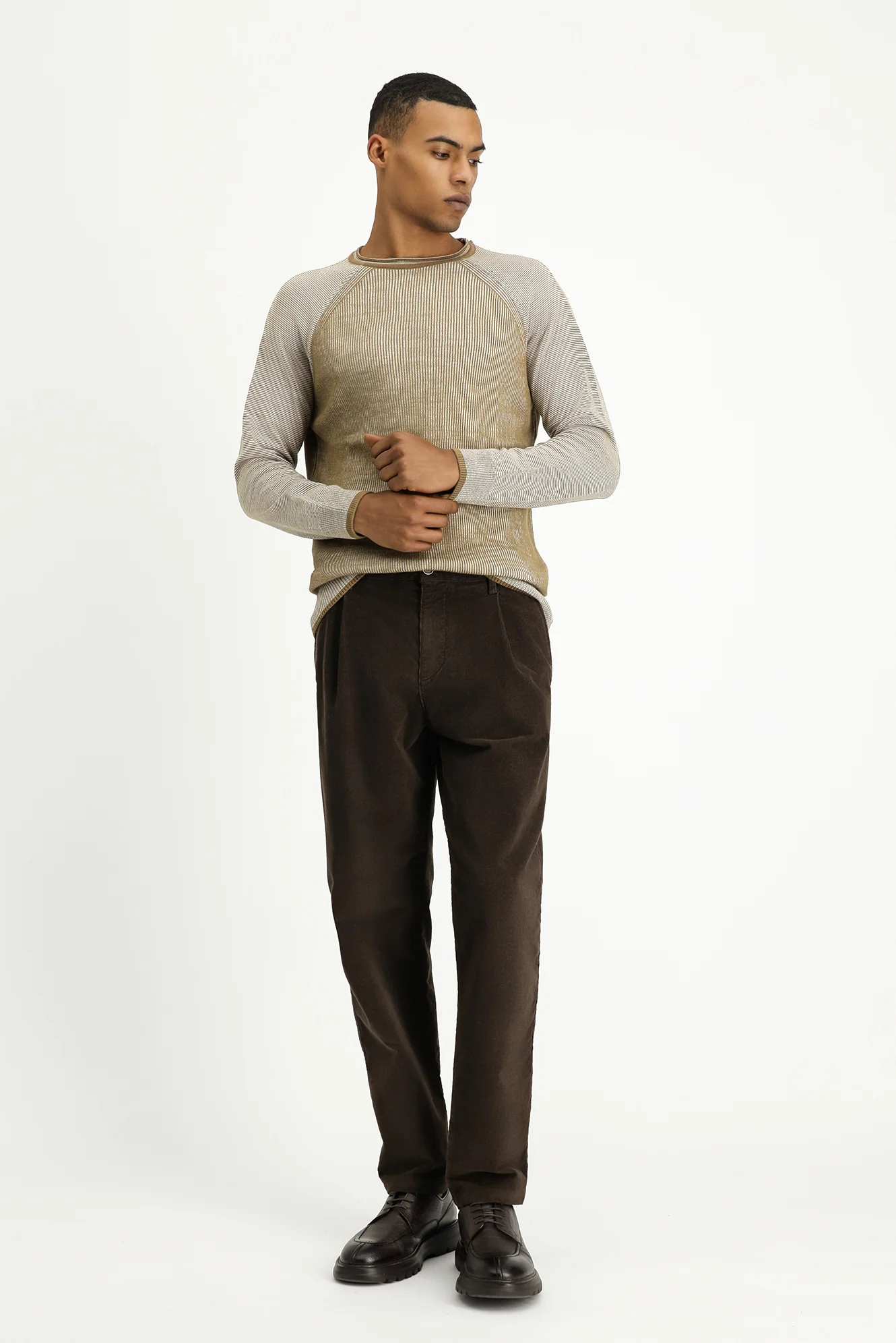 Açık Bej Bisiklet Yaka Slim Fit Dar Kesim Çizgili Triko Kazak - Image 3