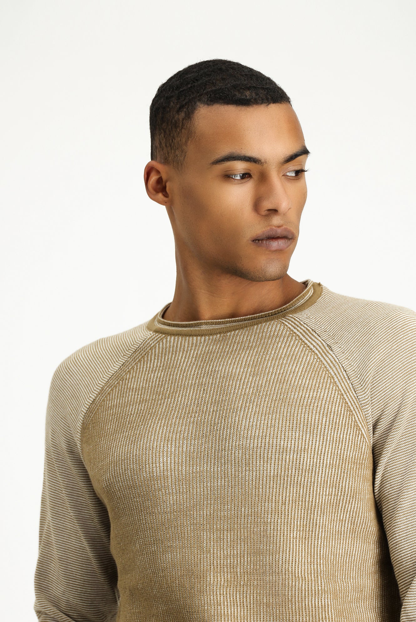 Açık Bej Bisiklet Yaka Slim Fit Dar Kesim Çizgili Triko Kazak - Image 4