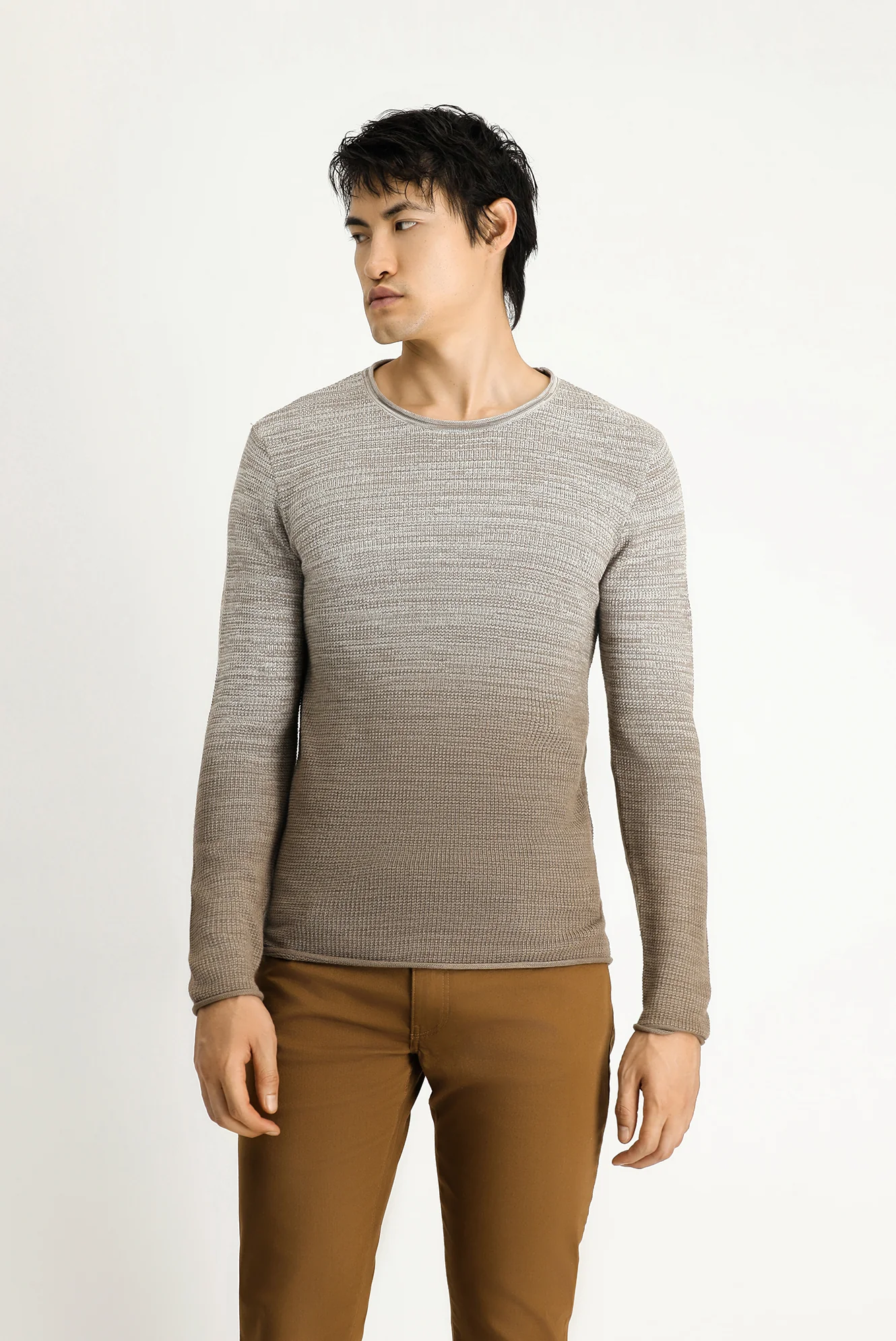 Açık Bej Bisiklet Yaka Slim Fit Dar Kesim Desenli Pamuklu Triko Kazak