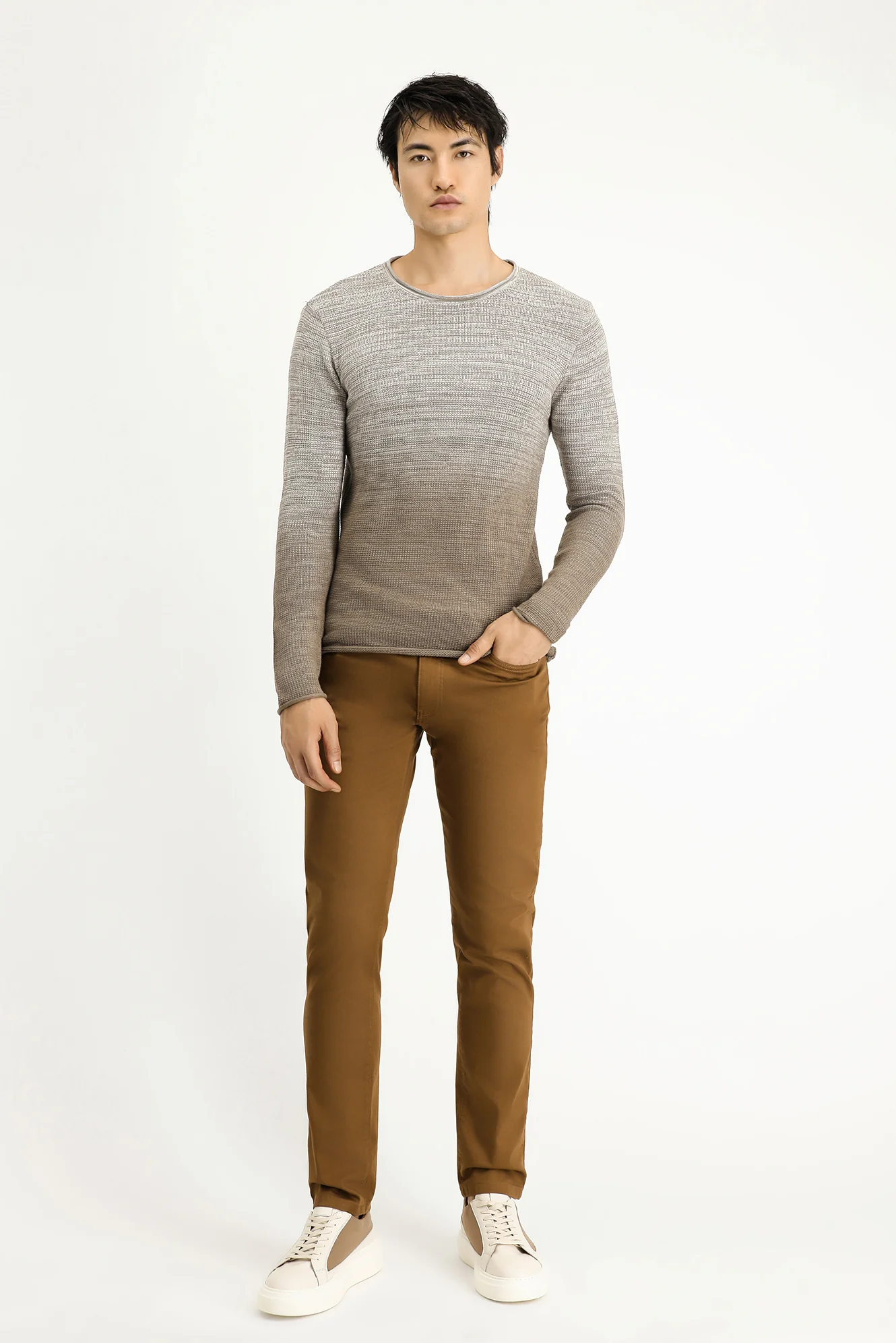 Açık Bej Bisiklet Yaka Slim Fit Dar Kesim Desenli Pamuklu Triko Kazak - Image 2