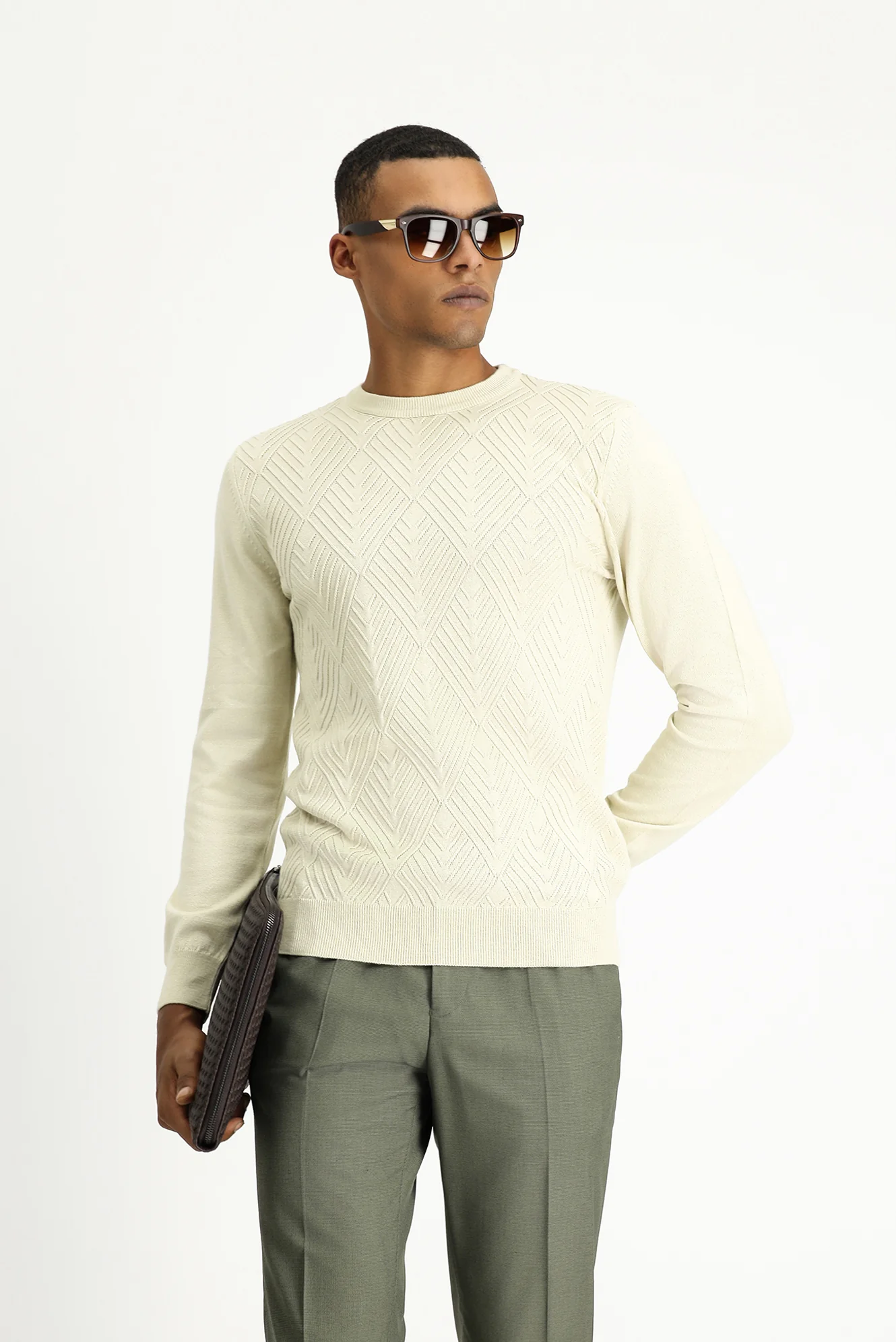 Açık Bej Bisiklet Yaka Slim Fit Desenli Pamuklu Triko Kazak - Image 4