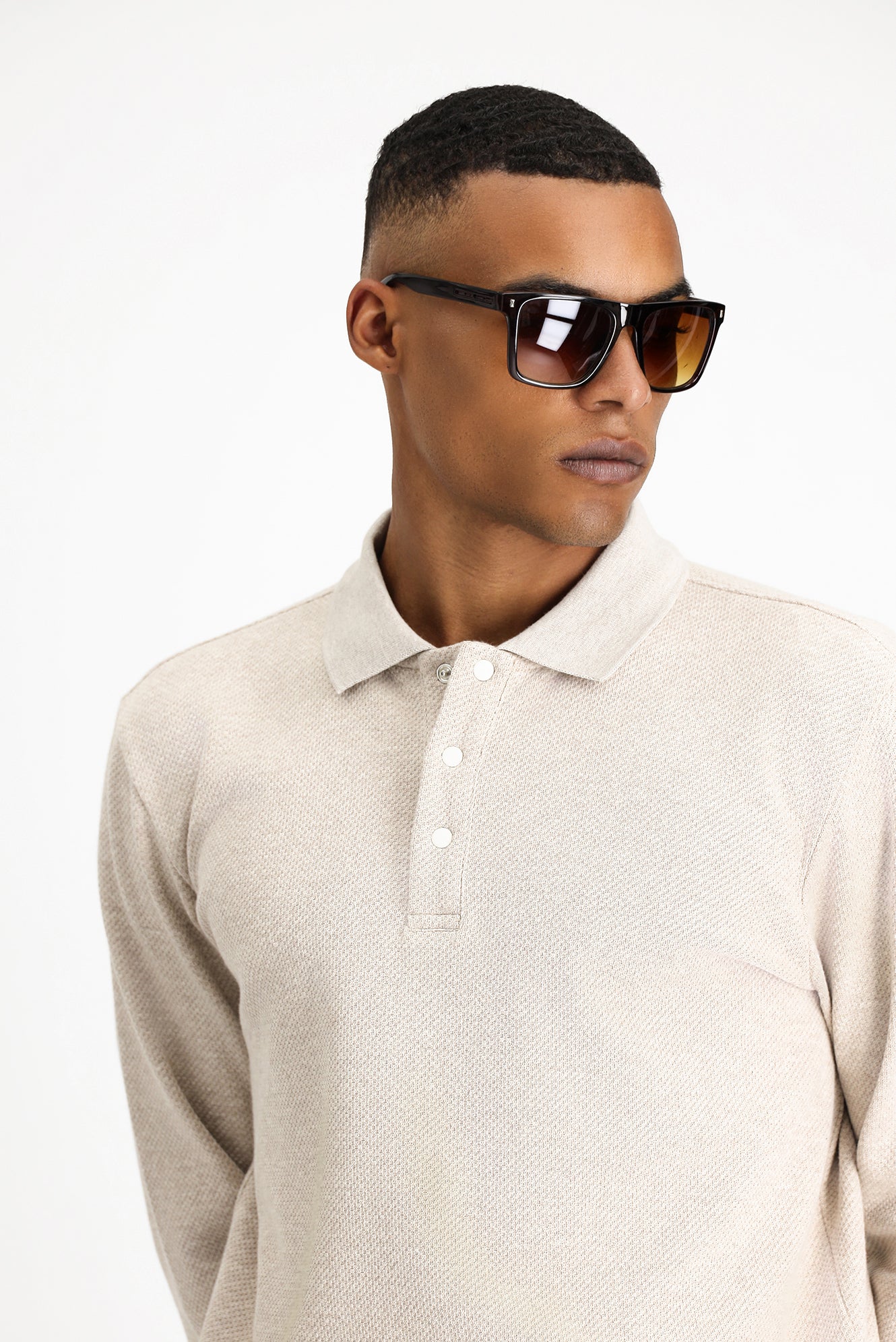 Açık Bej Polo Yaka Regular Fit Desenli Sweatshirt