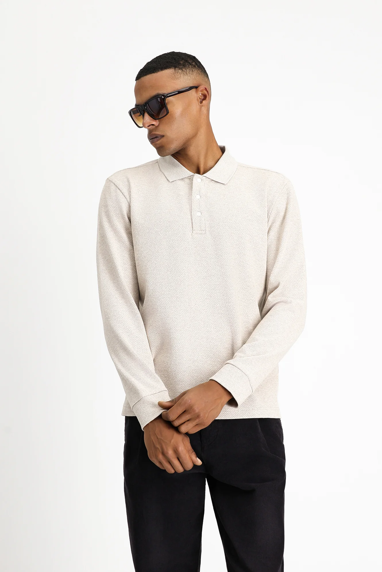Açık Bej Polo Yaka Regular Fit Desenli Sweatshirt - Image 3