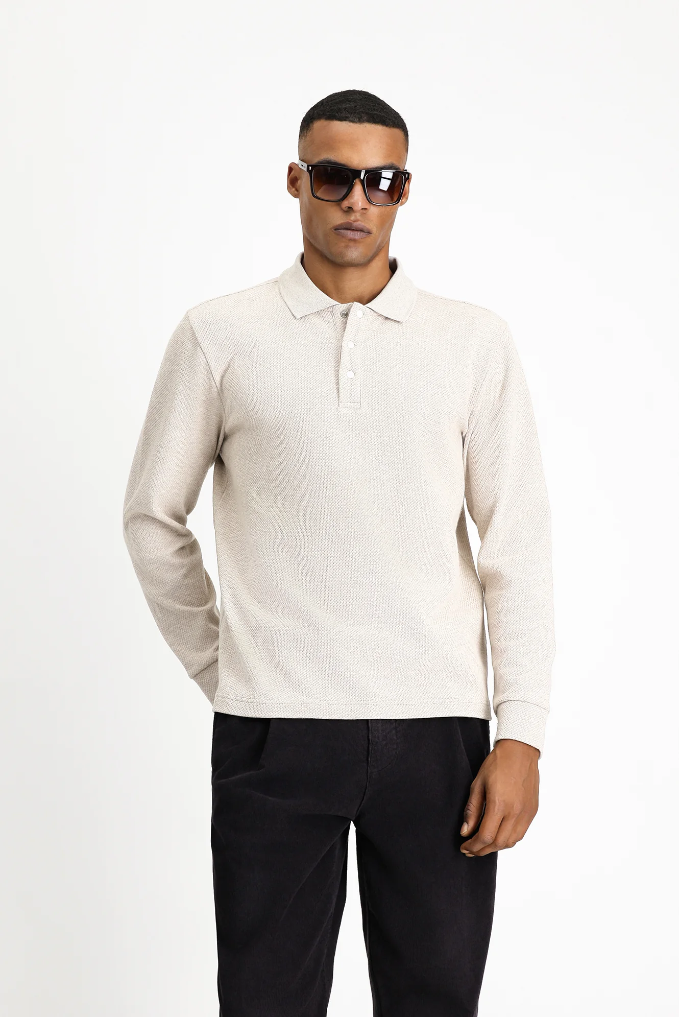 Açık Bej Polo Yaka Regular Fit Desenli Sweatshirt - Image 4