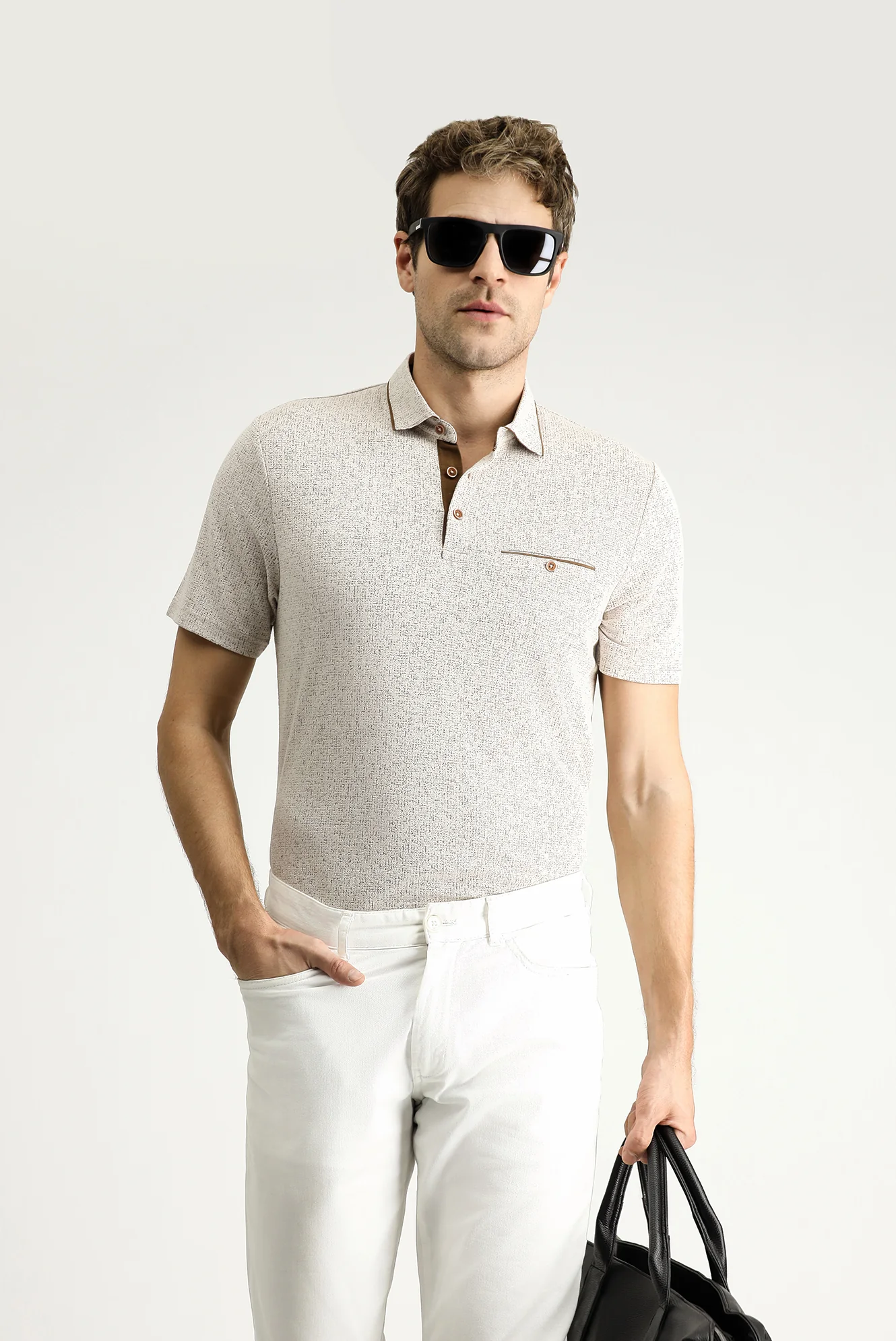 Açık Bej Polo Yaka Regular Fit Desenli Tişört