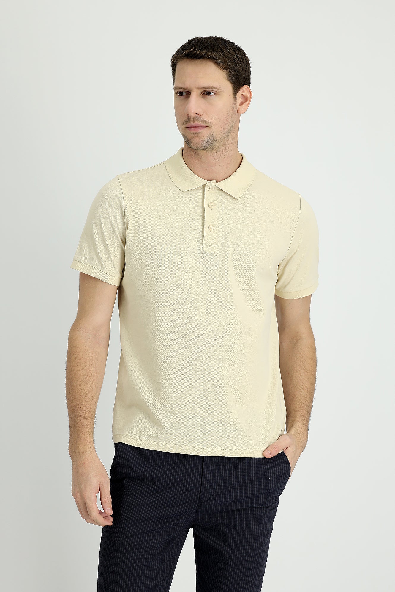 Açık Bej Polo Yaka Regular Fit Nakışlı Pamuk Tişört