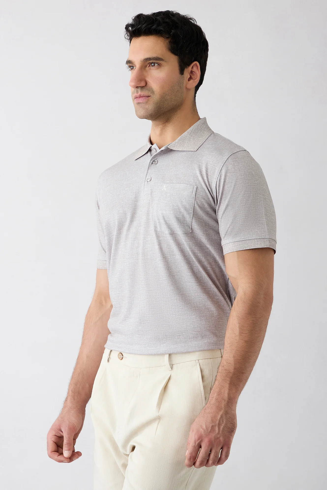 Açık Bej Regular Fit Desenli Nakışlı Cepli Düğmeli Polo Yaka Tişört - Image 2