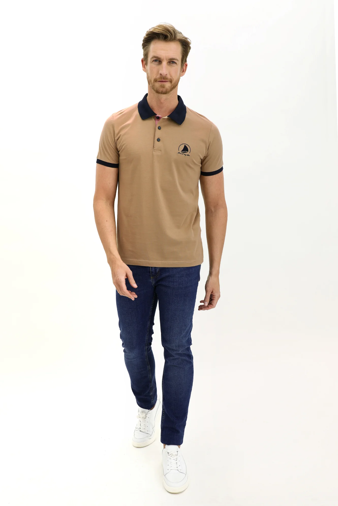 Açık Bej Polo Yaka Slim Fit Dar Kesim Desenli Pamuk Tişört - Image 2