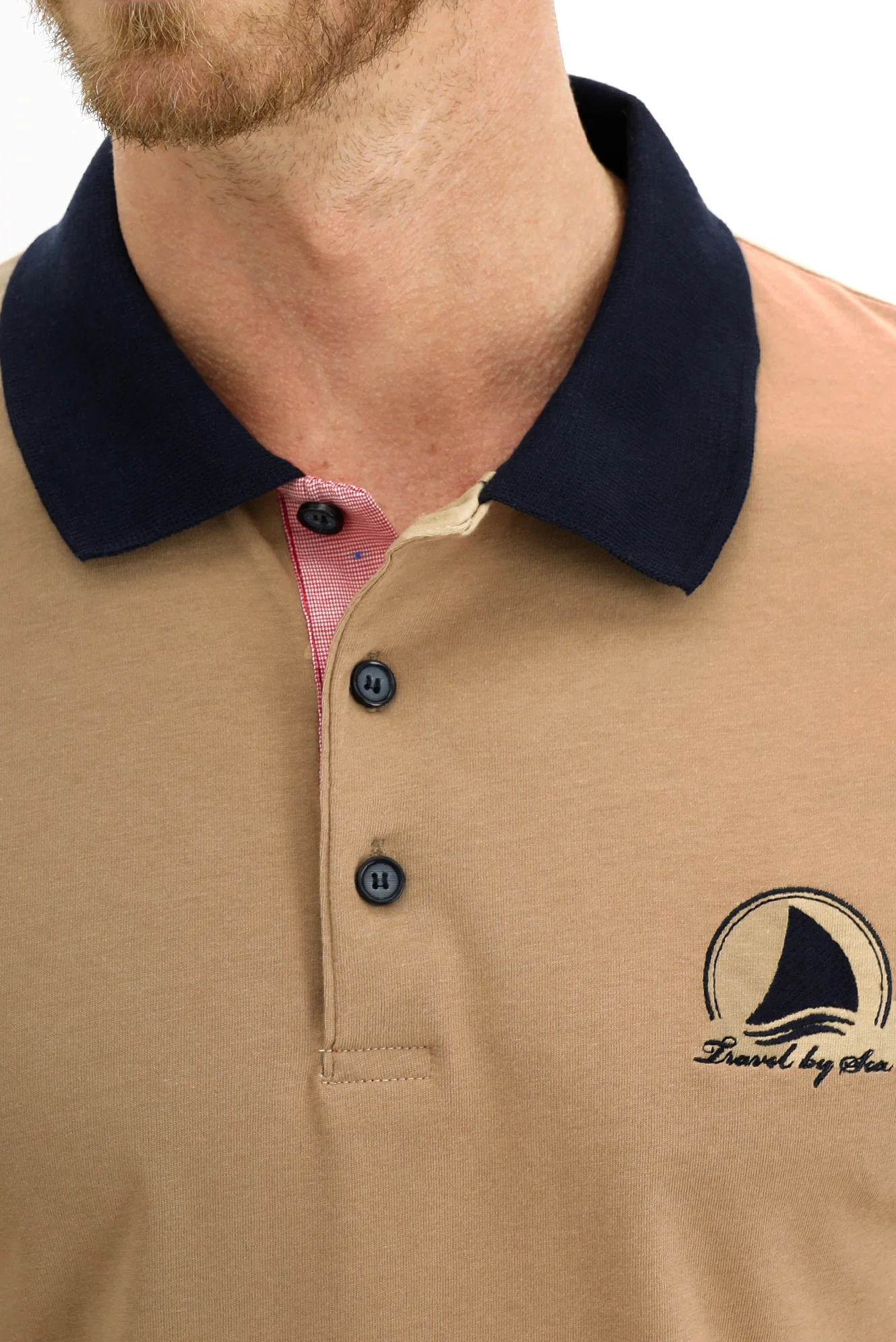Açık Bej Polo Yaka Slim Fit Dar Kesim Desenli Pamuk Tişört - Image 4