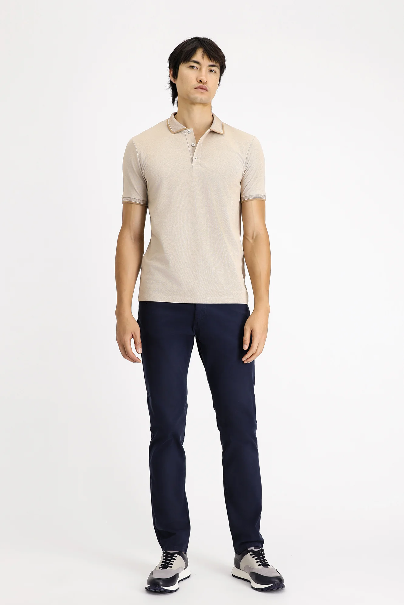 Açık Bej Polo Yaka Slim Fit Dar Kesim Desenli Pamuklu Tişört - Image 2