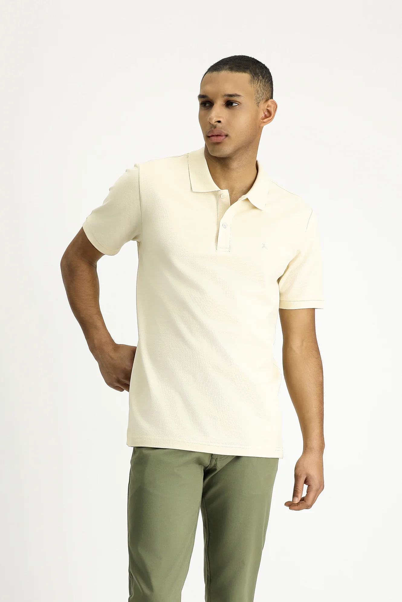 Açık Bej Polo Yaka Slim Fit Dar Kesim Nakışlı Pamuk Tişört