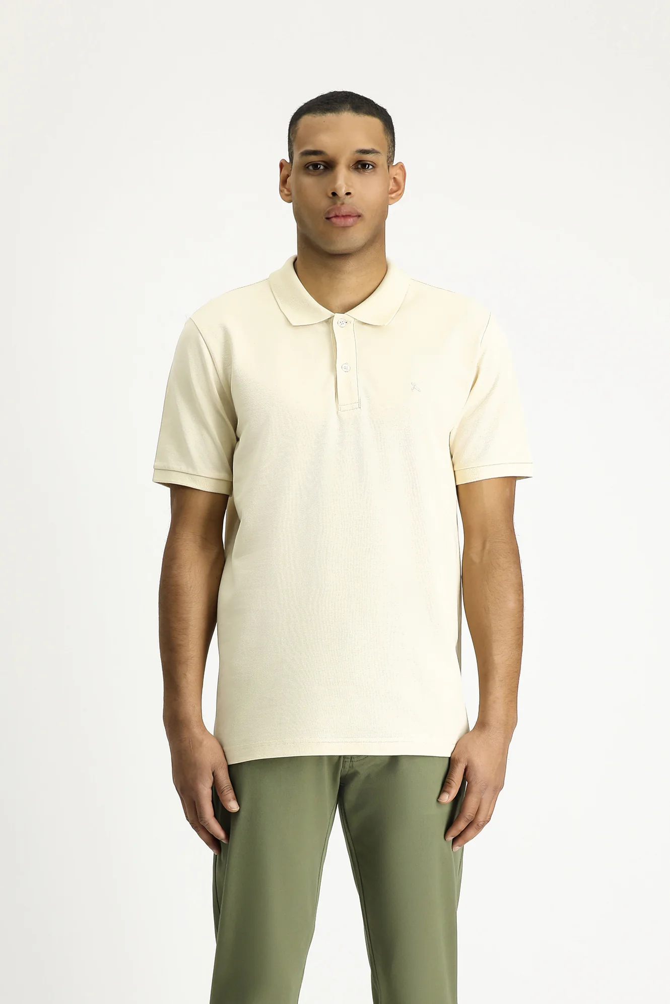 Açık Bej Polo Yaka Slim Fit Dar Kesim Nakışlı Pamuk Tişört - Image 4