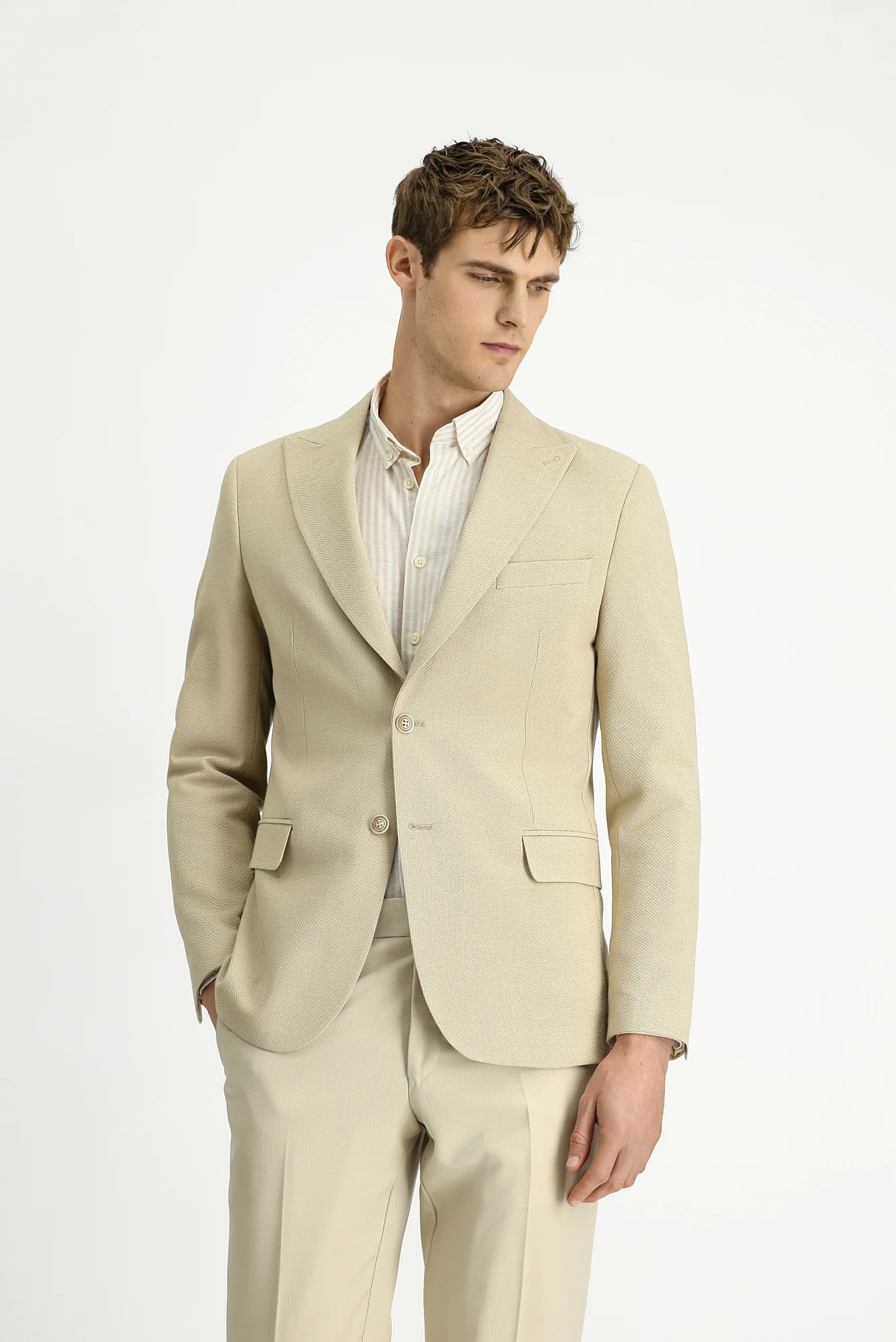 Açık Bej 6 Drop Regular Fit Standart Kesim Desenli Klasik Ceket - Image 5