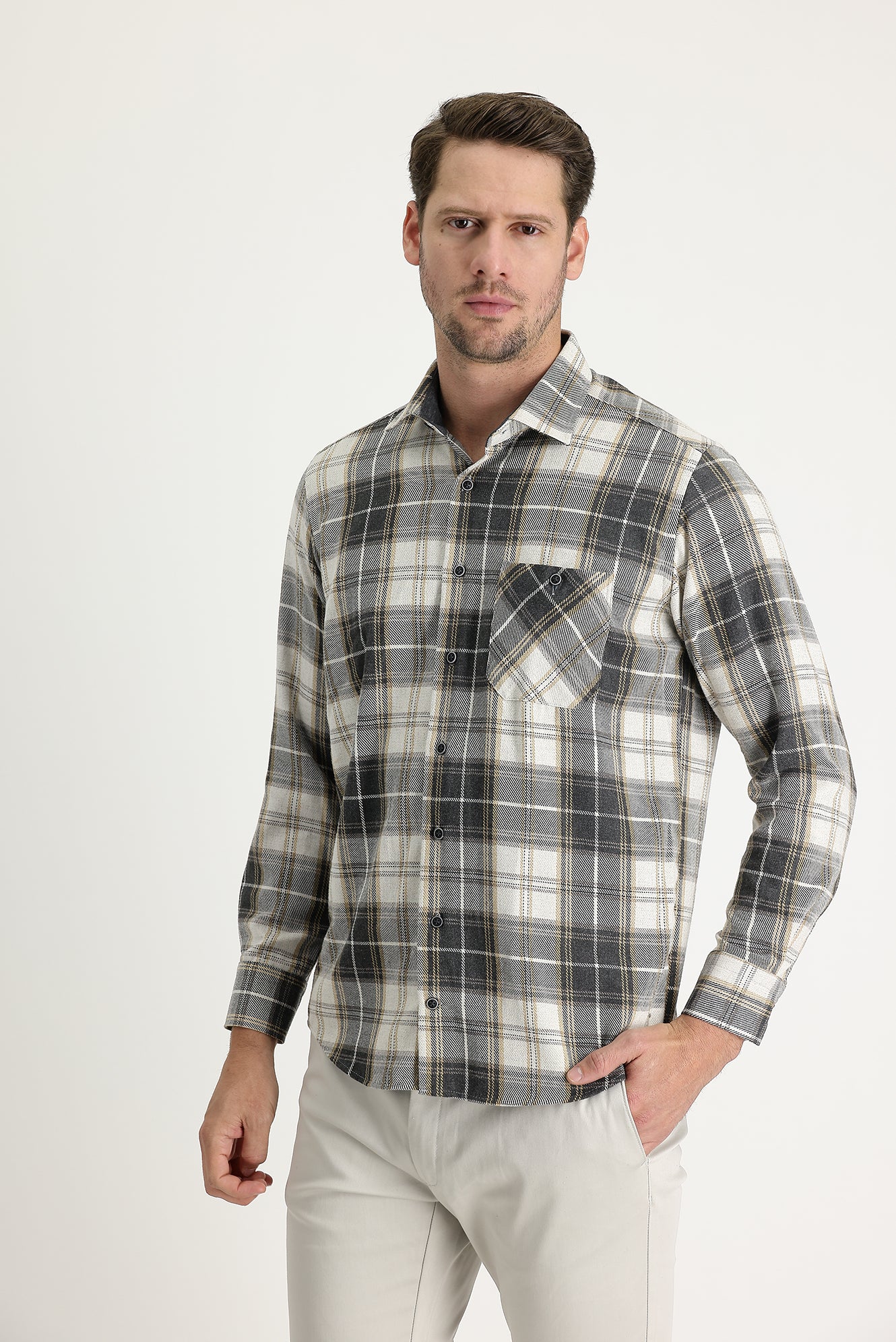 Açık Bej Regular Fit Ekose Shacket Gömlek - Image 2