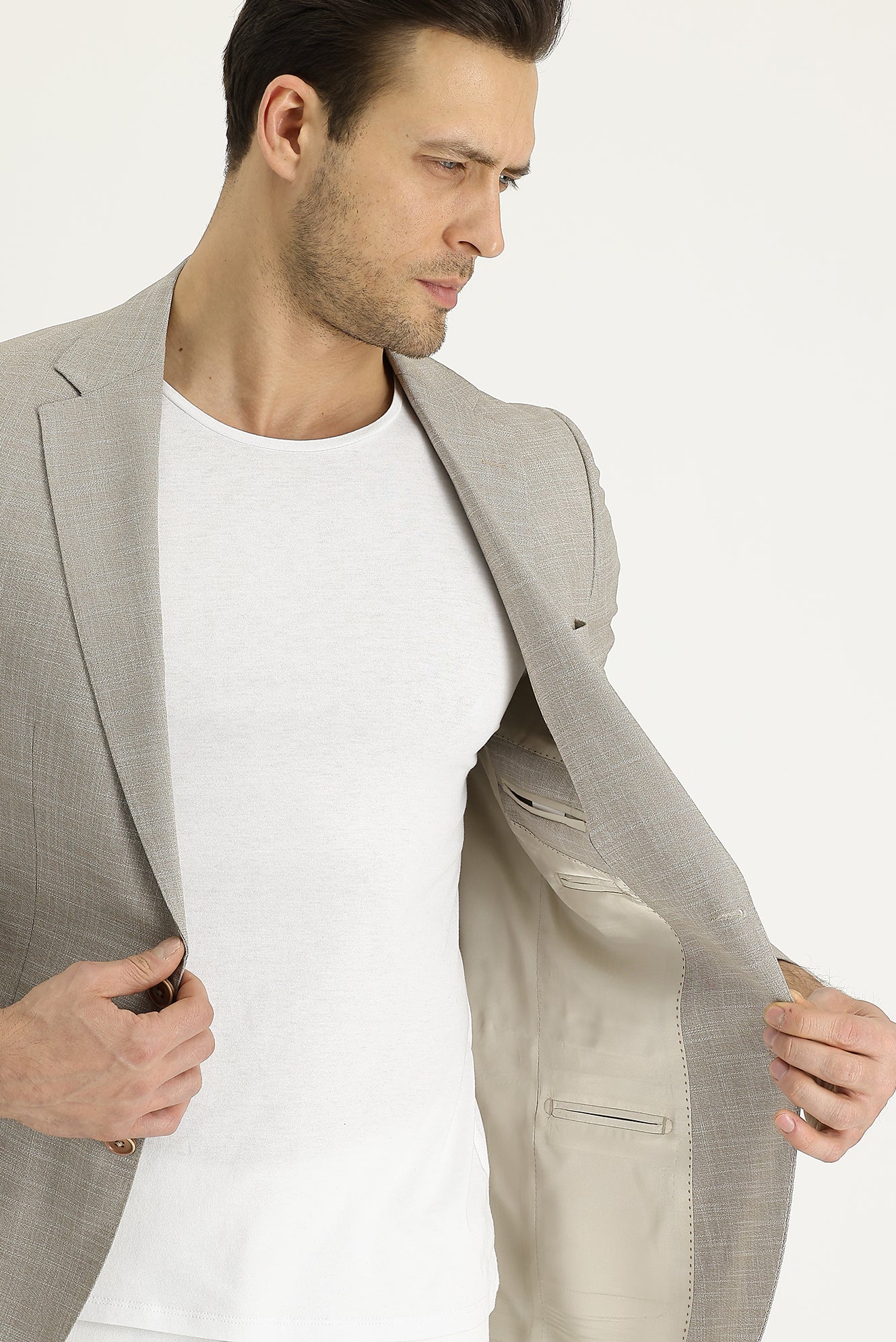 Açık Bej 6 Drop Regular Fit Standart Kesim Klasik Desenli Ceket - Image 5