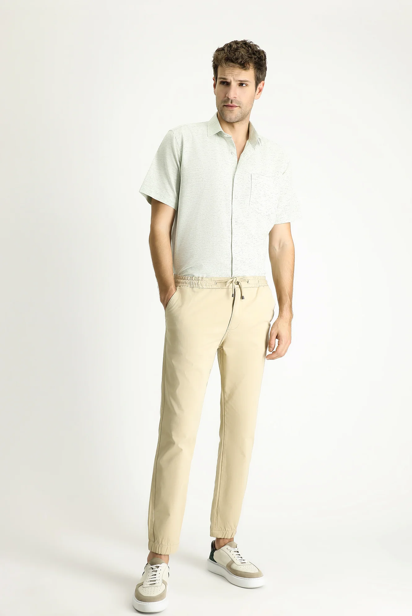 Açık Bej Regular Fit Standart Kesim Likralı Beli Lastikli İpli Pantolon - Image 2