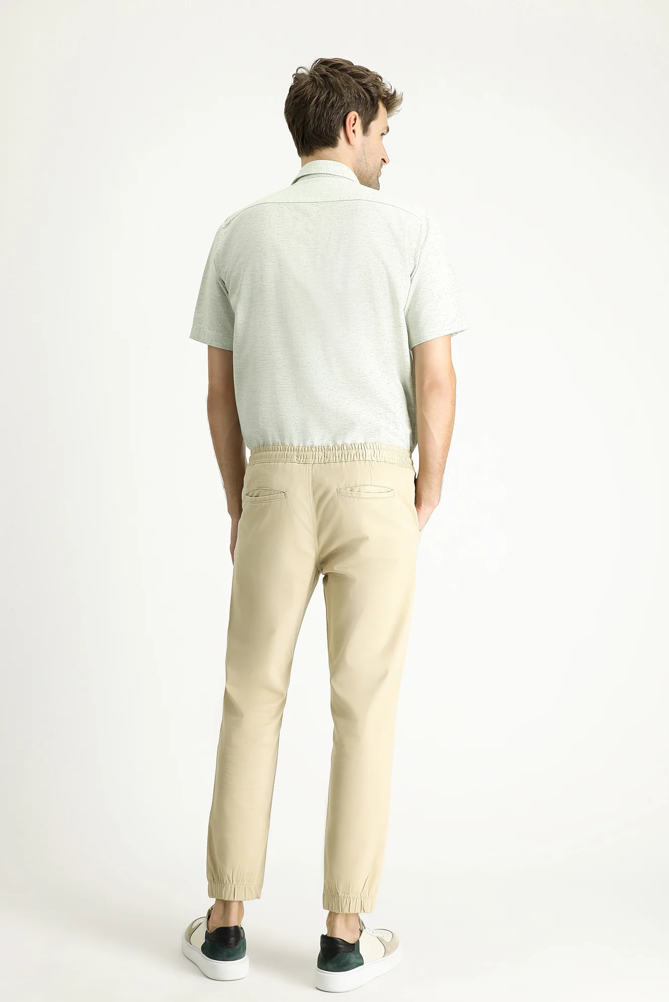 Açık Bej Regular Fit Standart Kesim Likralı Beli Lastikli İpli Pantolon - Image 3