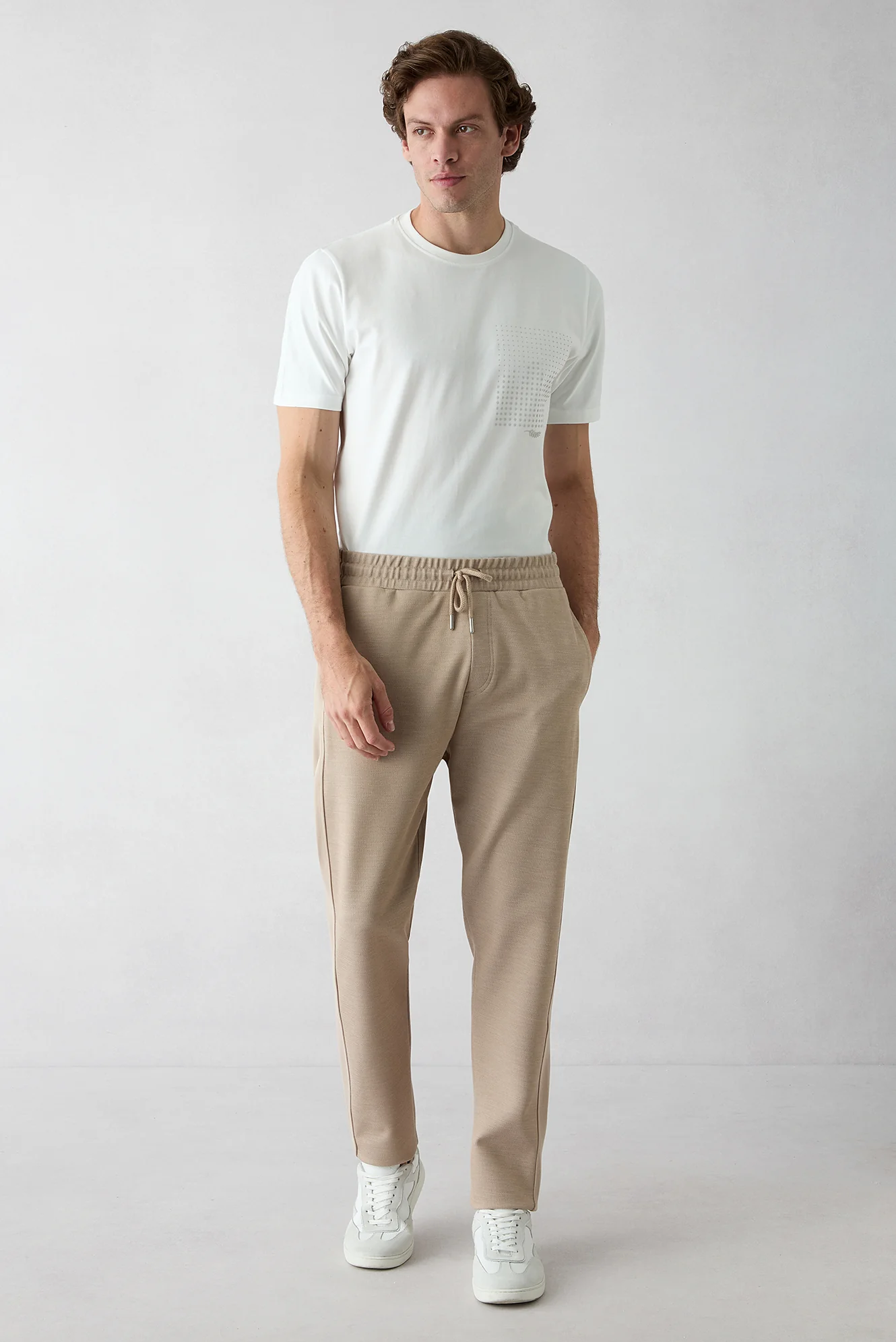 Açık Bej Beli Lastikli İpli Cepli Likralı Sweatpant / Eşofman Altı