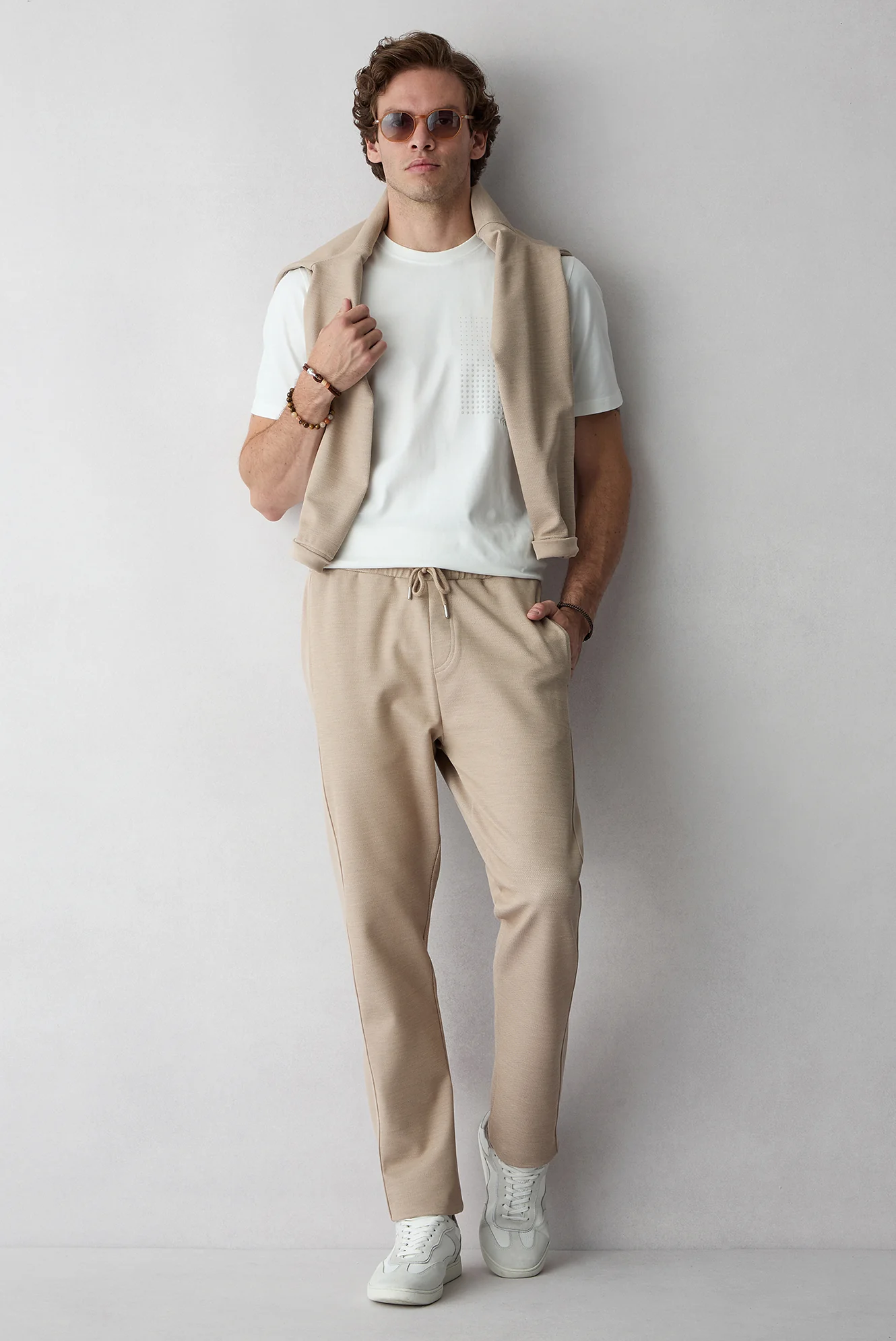 Açık Bej Beli Lastikli İpli Cepli Likralı Sweatpant / Eşofman Altı - Image 6