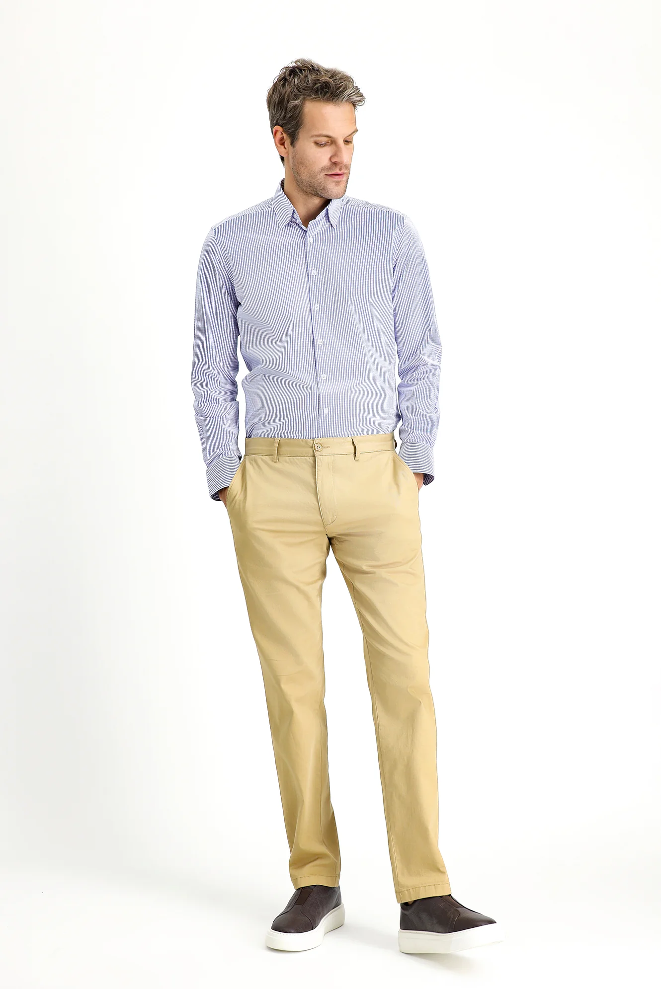 Açık Bej Regular Fit Standart Kesim Likralı Kanvas / Chino Pantolon
